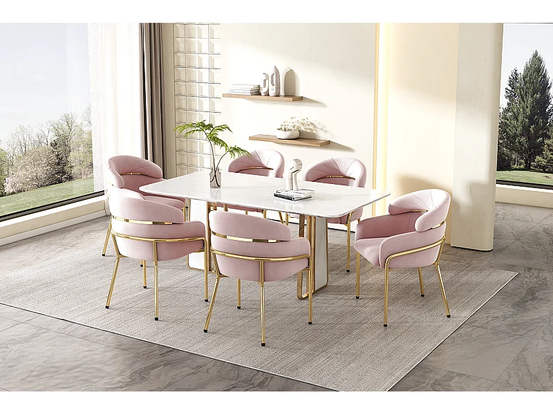 Set van 6 roze fluwelen stoelen - Metalen poten - Voor woonkamer, slaapkamer, eetkamer