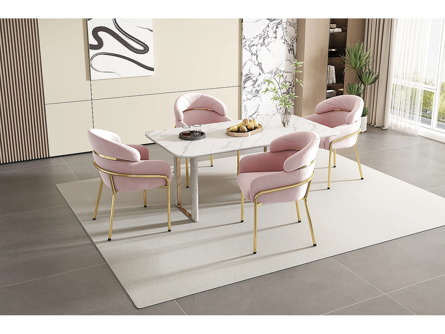 Conjunto de 4 cadeiras em veludo rosa com pés em metal dourado.