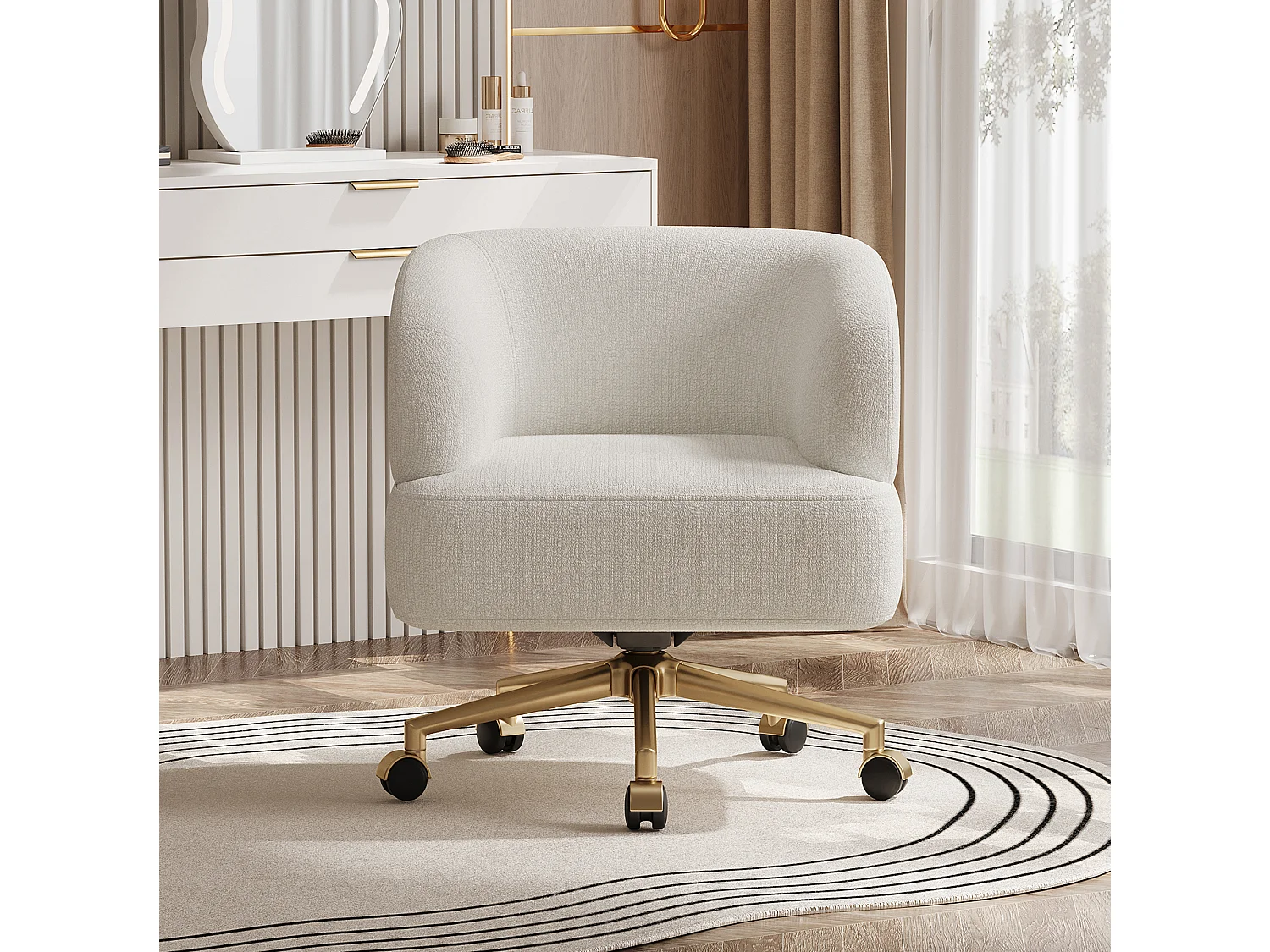 1 Chaise en tissu chenille - pieds en métal doré - rotation à 360°  - avec 5 roues - Beige