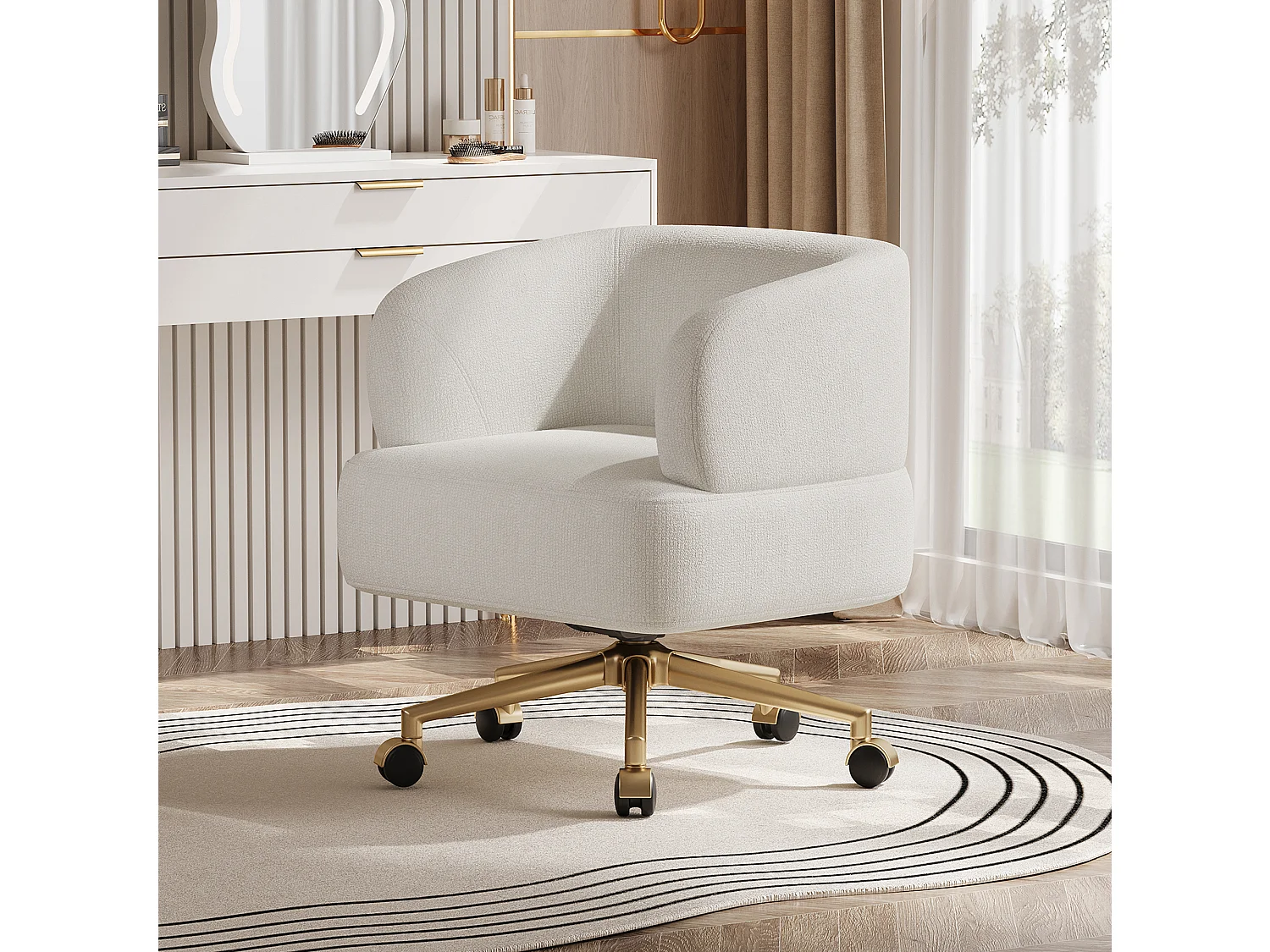 1 Chaise en tissu chenille - pieds en métal doré - rotation à 360°  - avec 5 roues - Beige