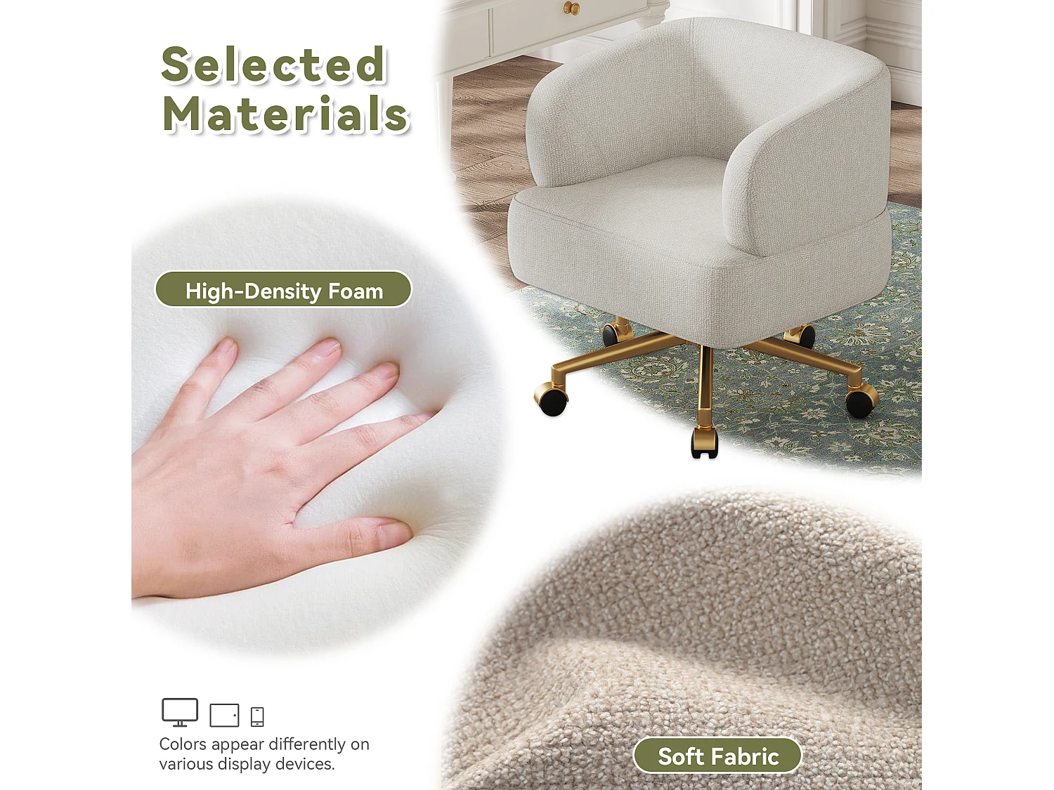 1 Chaise en tissu chenille - pieds en métal doré - rotation à 360°  - avec 5 roues - Beige