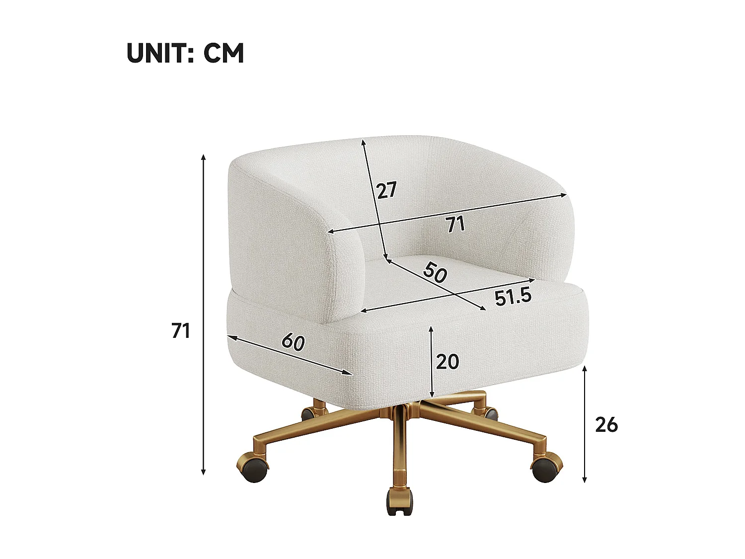 1 Chaise en tissu chenille - pieds en métal doré - rotation à 360°  - avec 5 roues - Beige