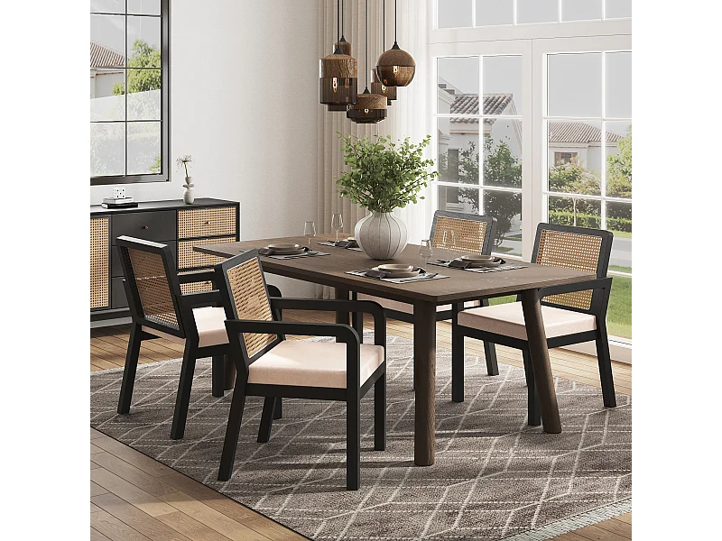 Set van 4 fluwelen stoelen met rotan rugleuningen - Zwart en licht naturel