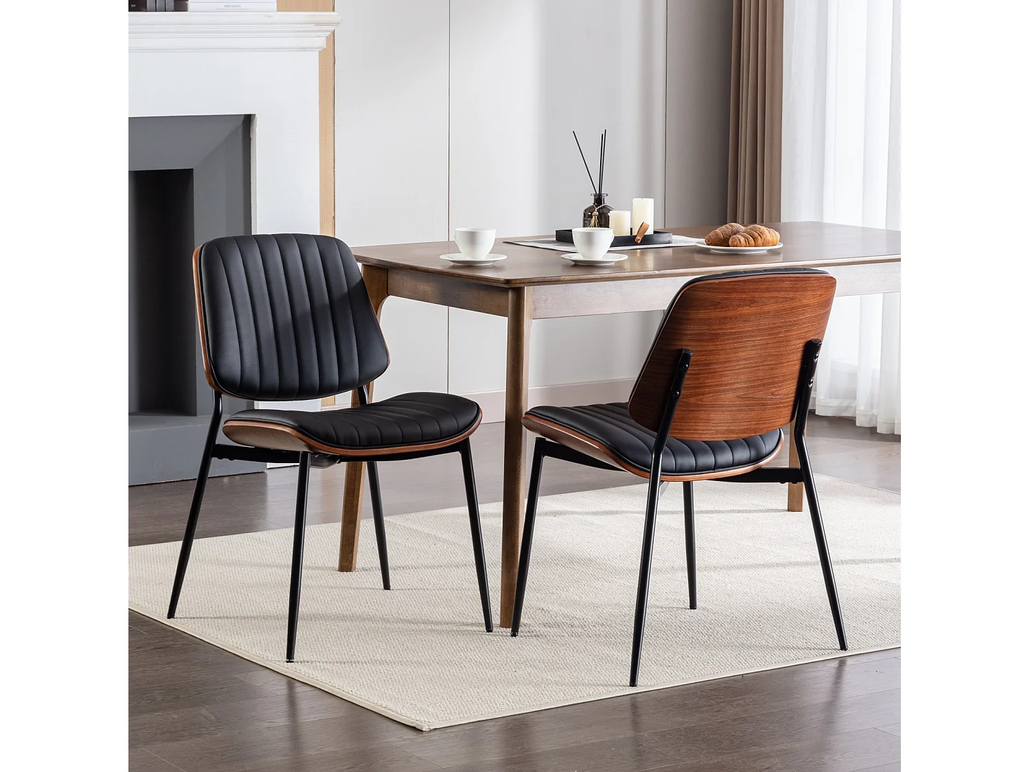 Set di 2 sedie in similpelle PU - gambe in metallo - Nero e noce