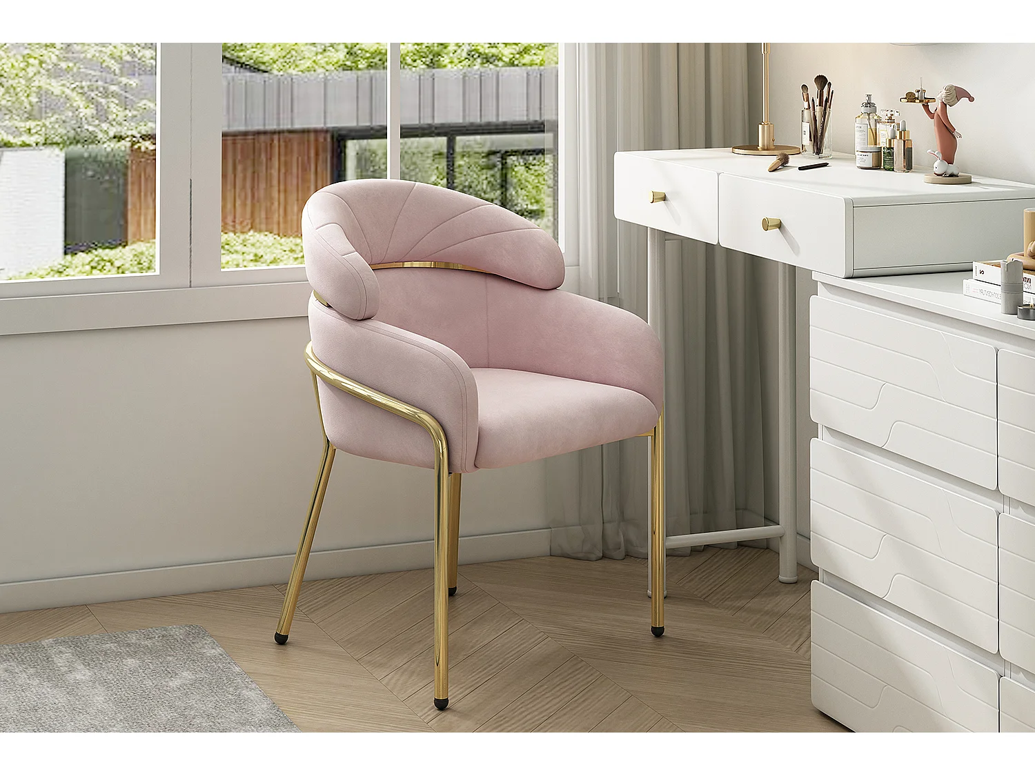 Fluwelen stoel - Metalen poten - Roze