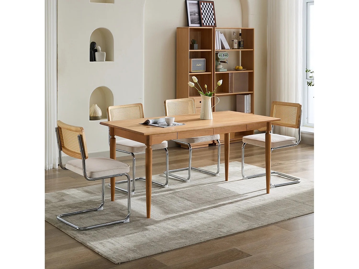 Set di 2 sedie in velluto beige - Struttura in metallo - Schienale in rattan