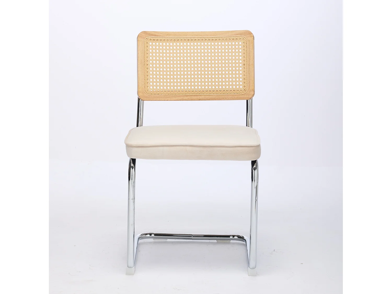 Set di 2 sedie in velluto beige - Struttura in metallo - Schienale in rattan