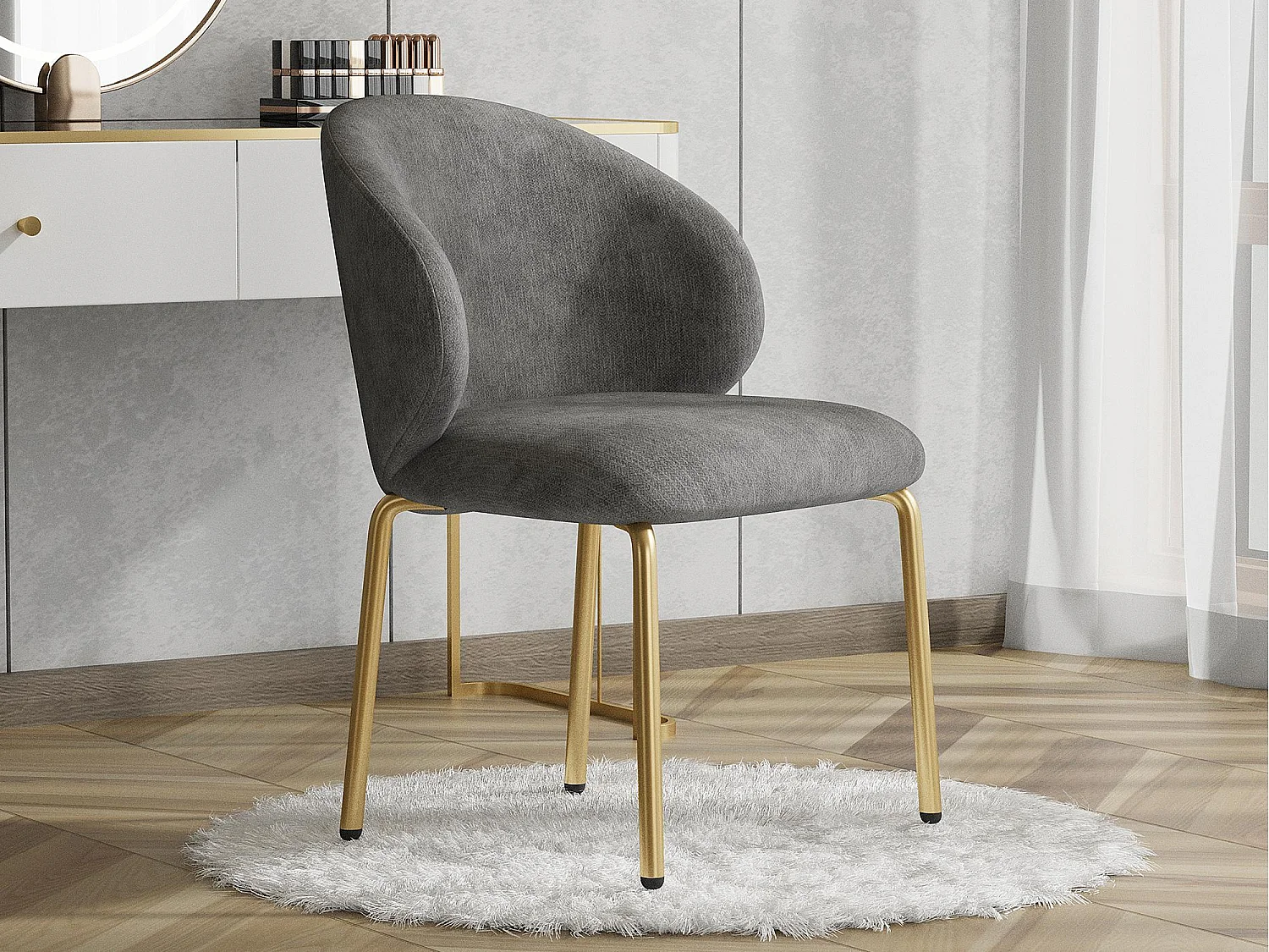 1 Chaise en tissu chenille - pieds en métal doré - chaise de coiffeuse - chaise de salle à manger - Gris