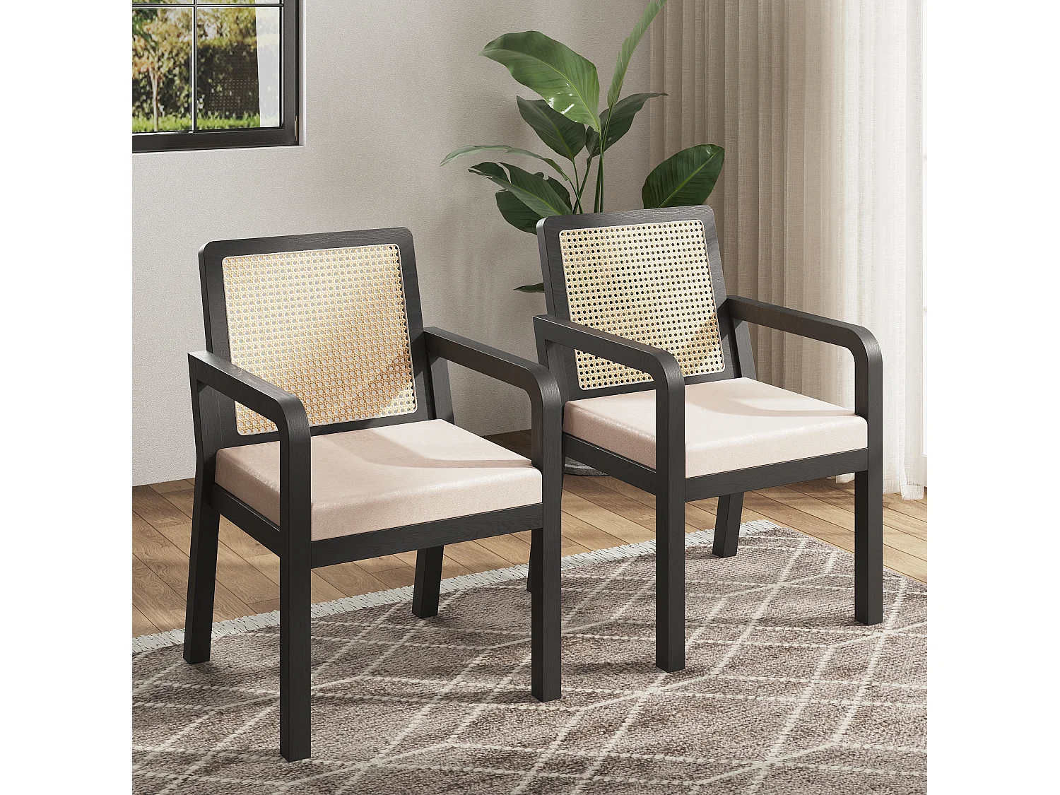 Lot de 2 chaises en velours avec dossier en rotin - Noir et naturel clair
