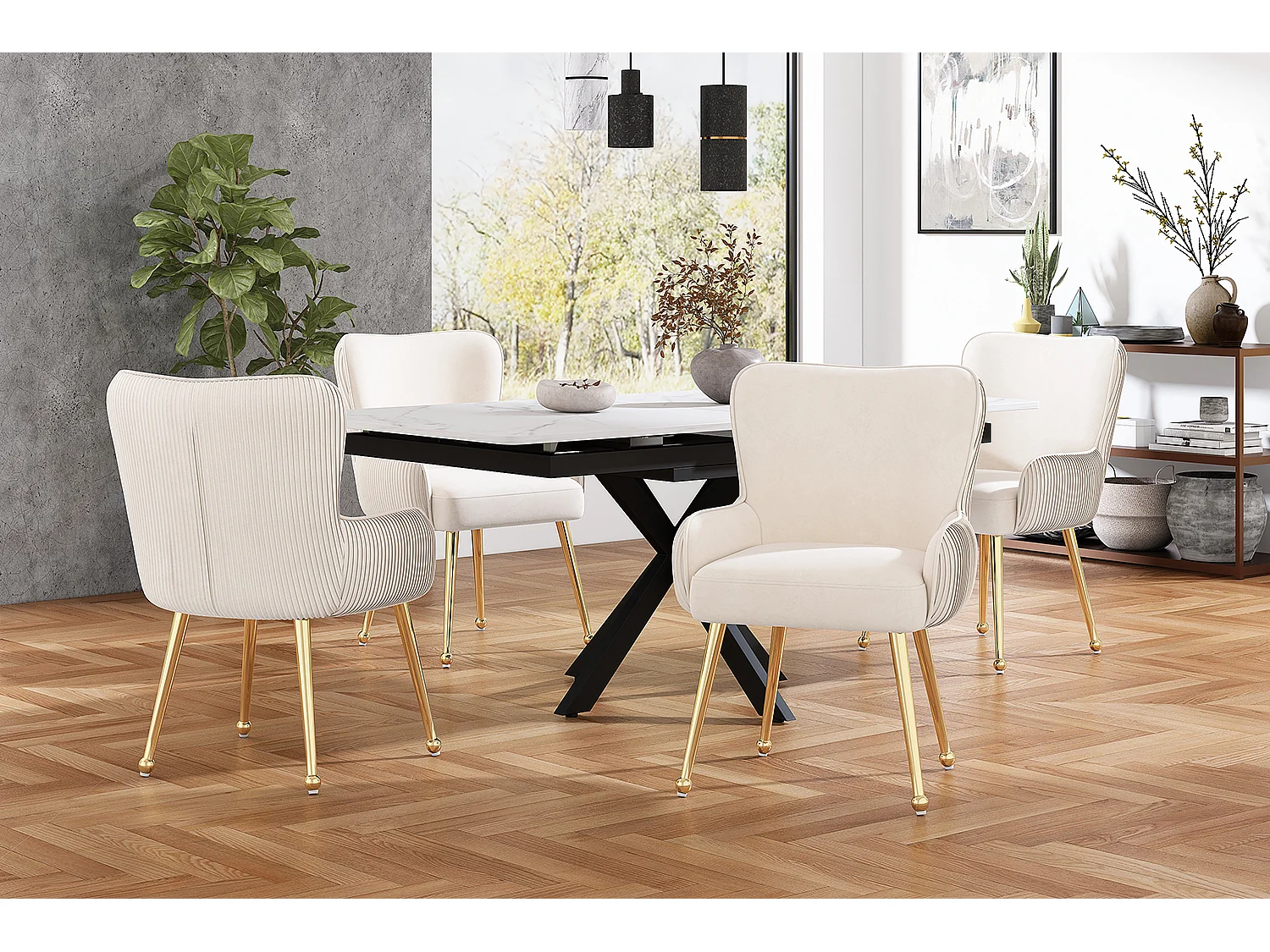 Set di 4 sedie in velluto beige - Gambe in metallo dorato - Gambe regolabili