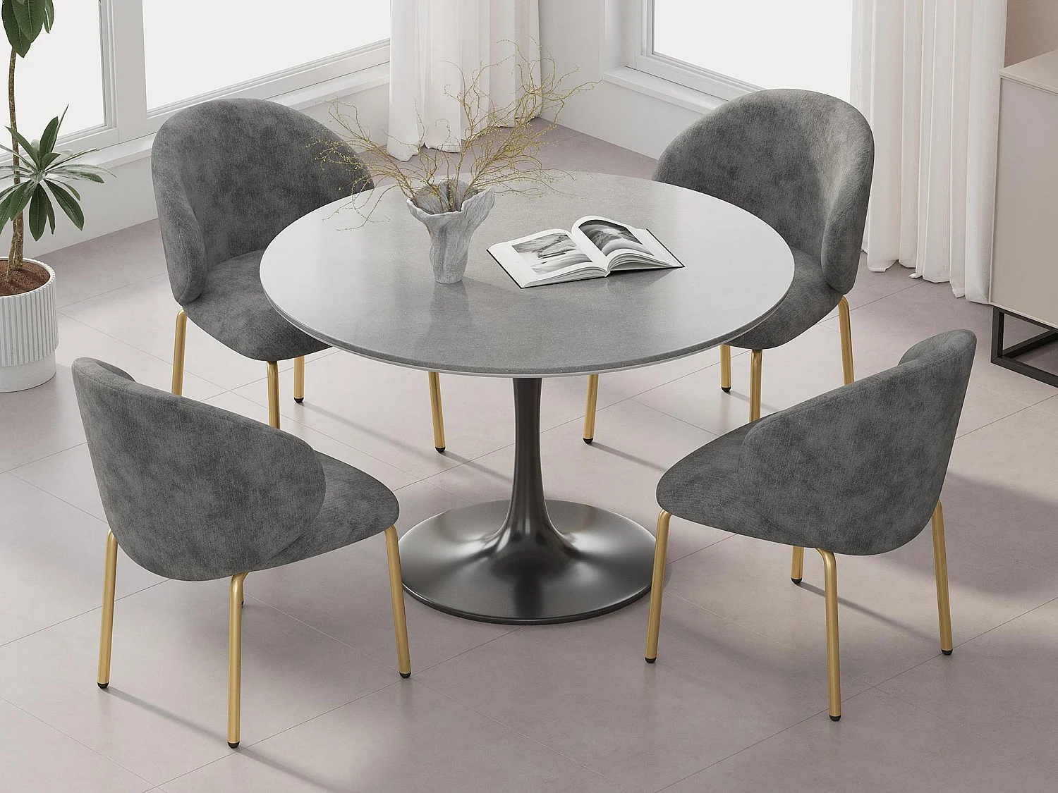 Lot de 4 Chaises en tissu chenille - pieds en métal doré - chaise de coiffeuse - chaise de salle à manger - Gris