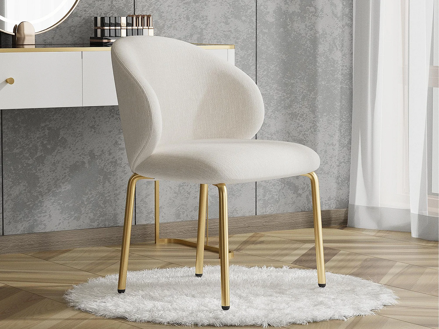 1 Sessel aus Chenille-Stoff - vergoldete Metallfüße - Schminktischstuhl - Esstischstuhl - Beige