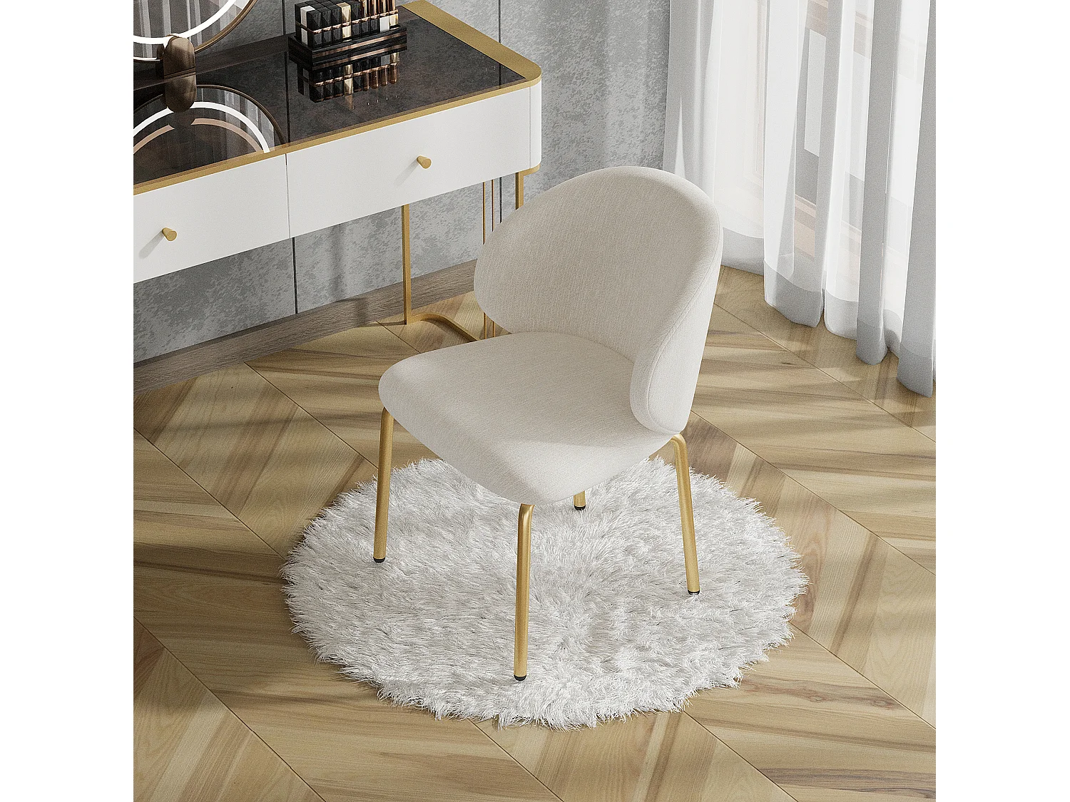 1 Sessel aus Chenille-Stoff - vergoldete Metallfüße - Schminktischstuhl - Esstischstuhl - Beige