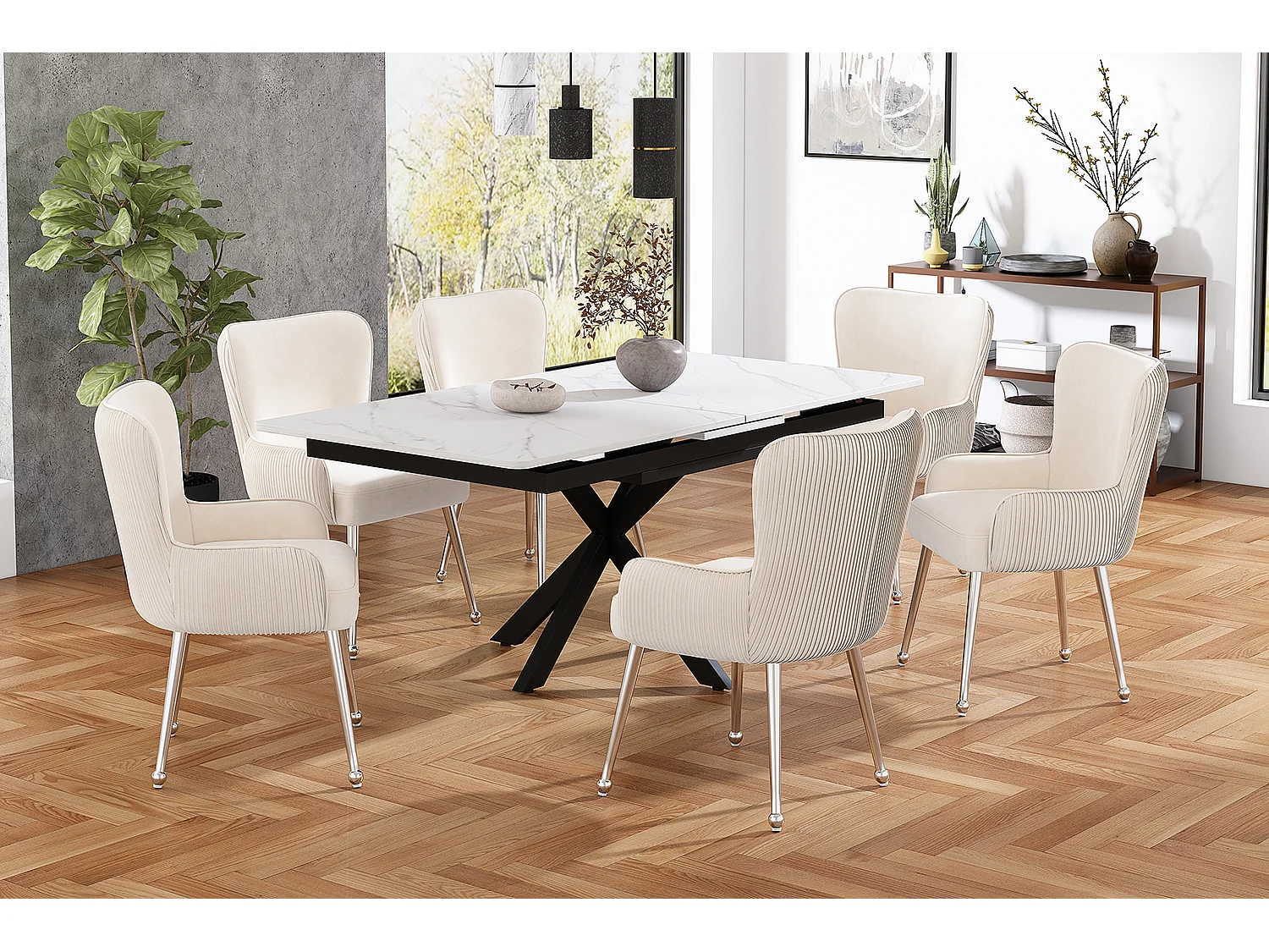 Set di 6 sedie con gambe in metallo argentato - Velluto beige