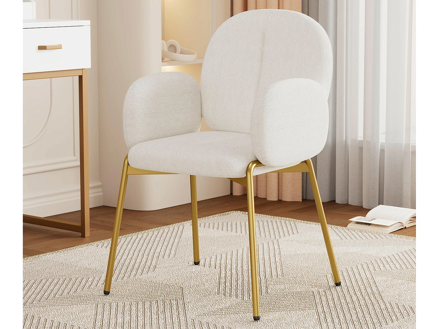 1 Chaise en teddy - pieds en métal doré - chaise de coiffeuse - chaise de salle à manger - Beige