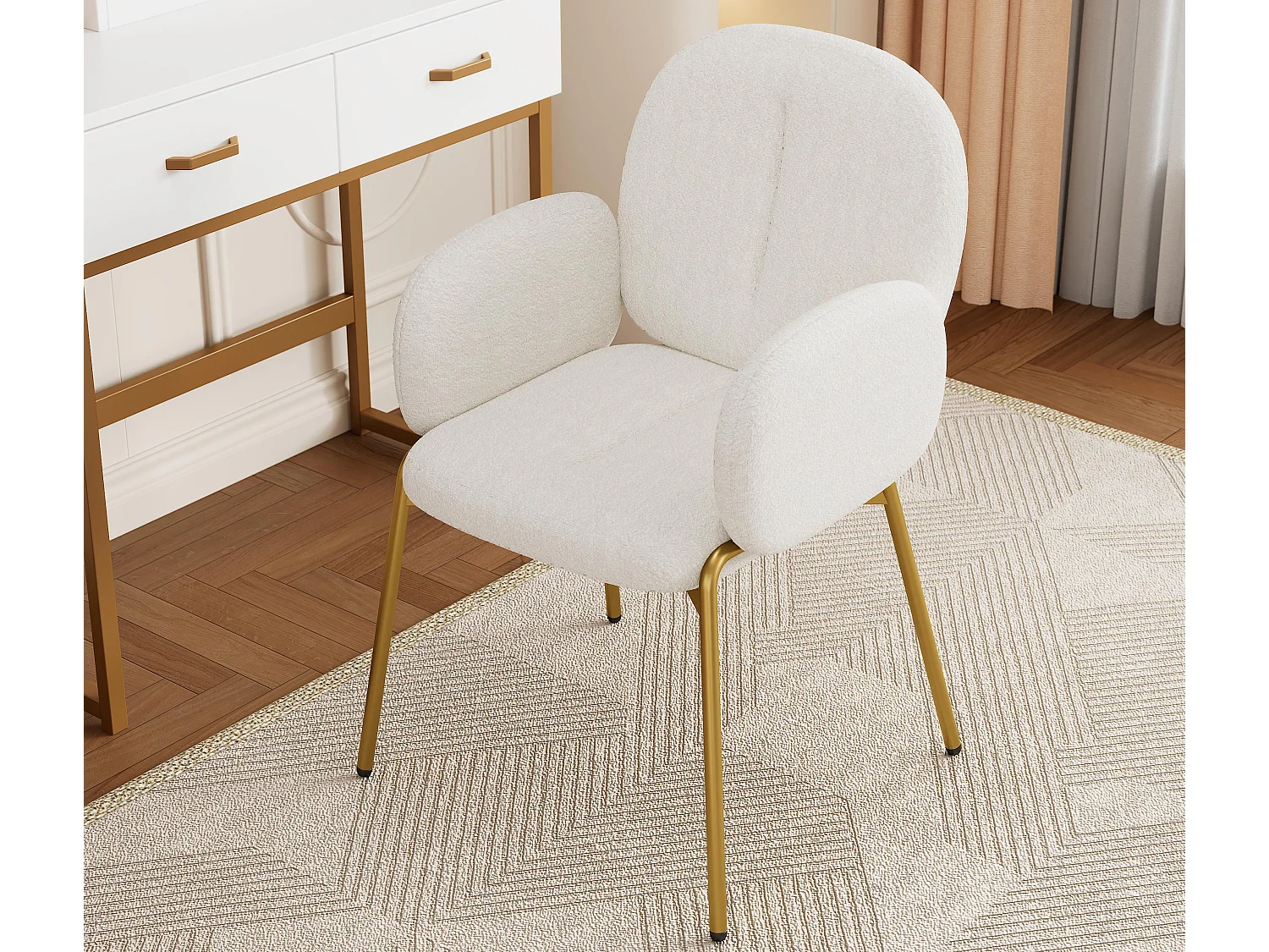 1 Chaise en teddy - pieds en métal doré - chaise de coiffeuse - chaise de salle à manger - Beige