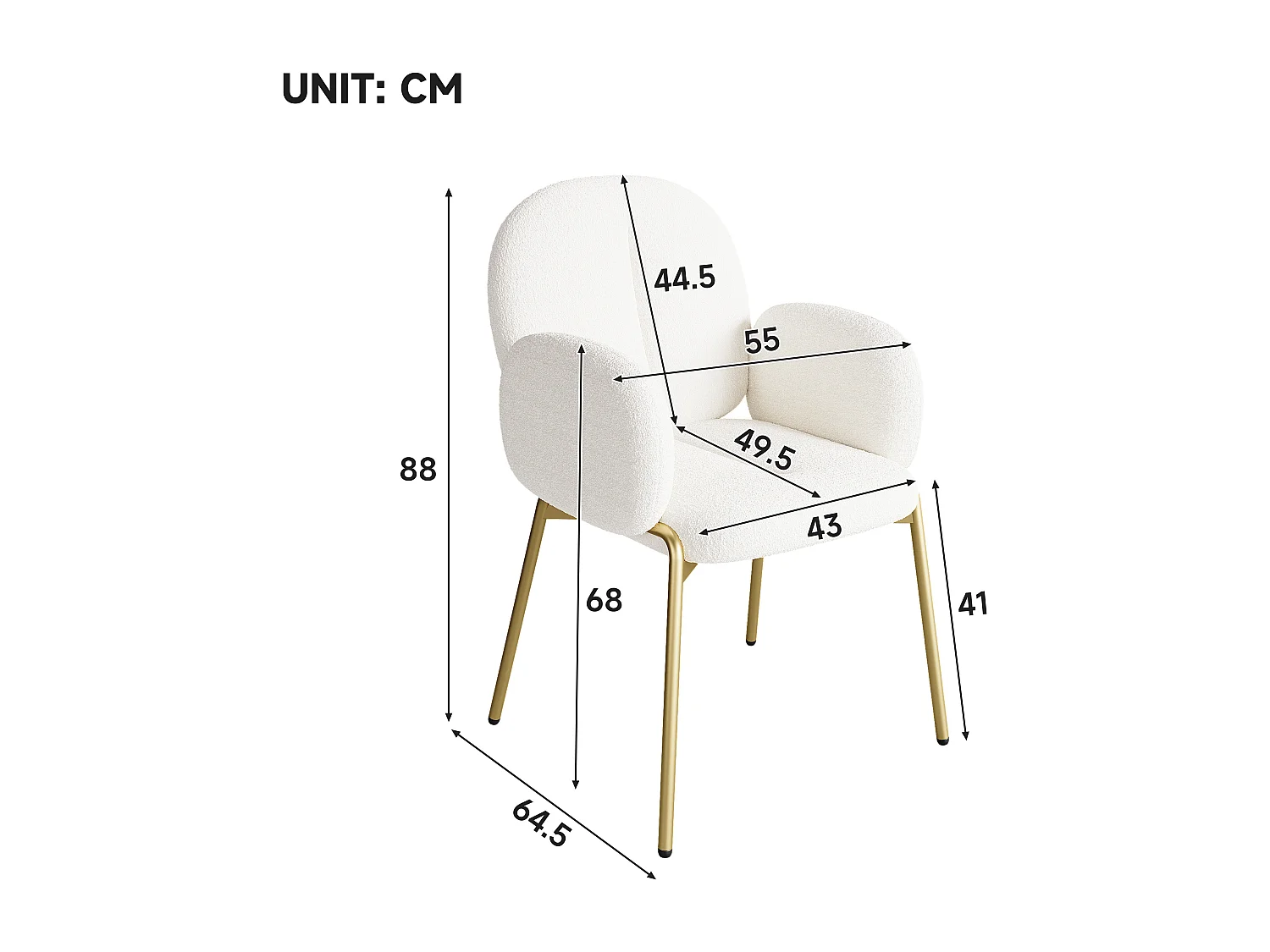 1 Chaise en teddy - pieds en métal doré - chaise de coiffeuse - chaise de salle à manger - Beige