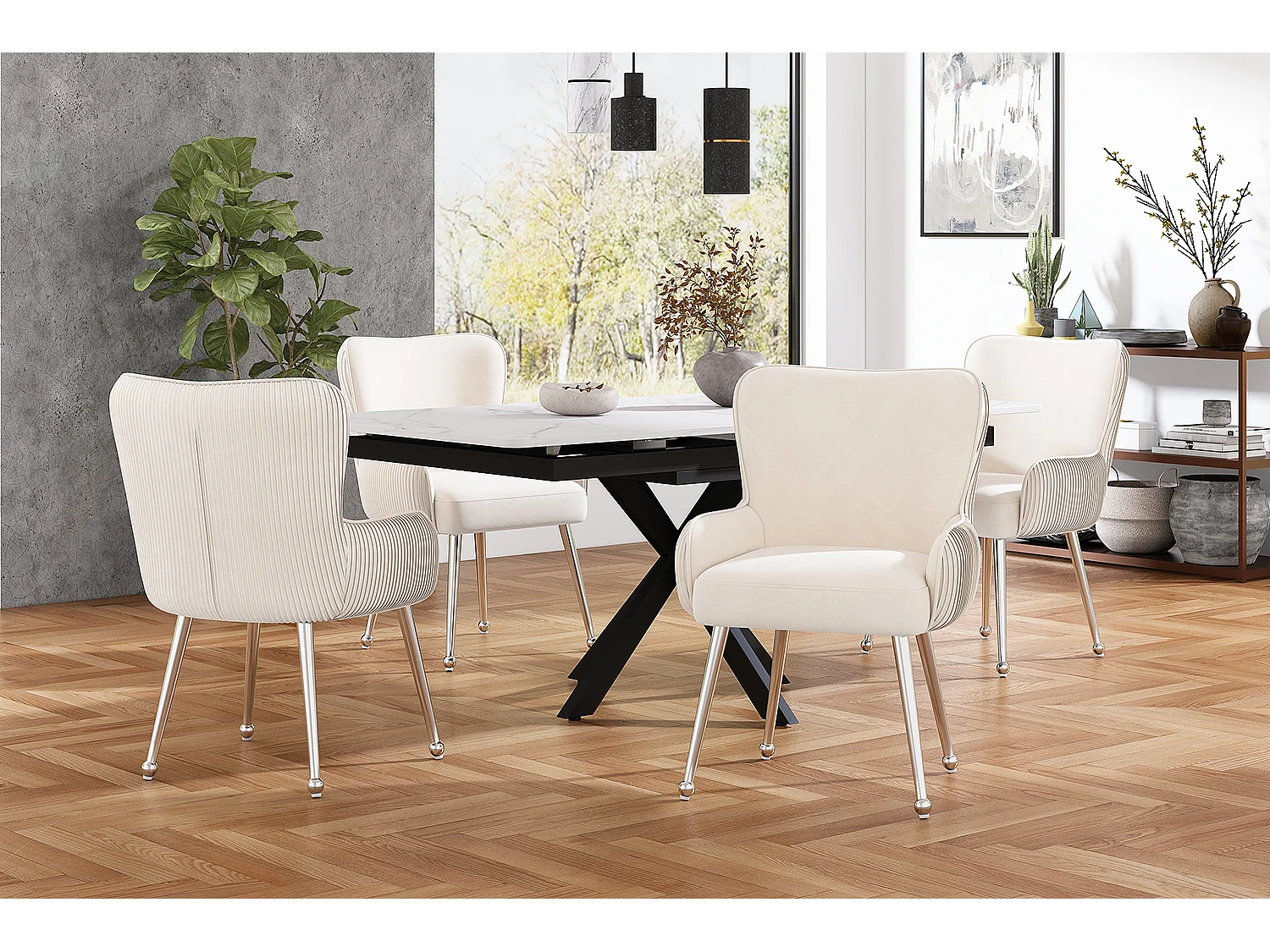Set di 4 sedie con gambe in metallo argentato - Velluto beige