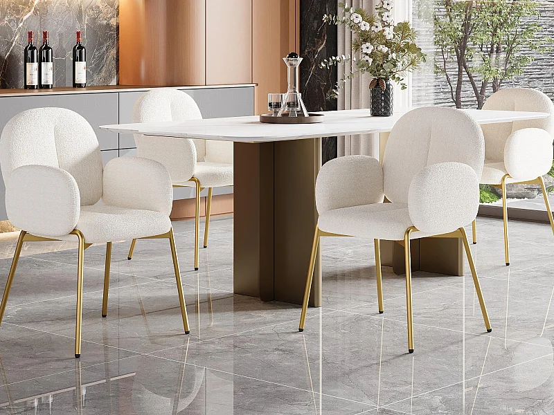 Lot de 4 Chaises en teddy - pieds en métal doré - chaise de coiffeuse - chaise de salle à manger - Beige