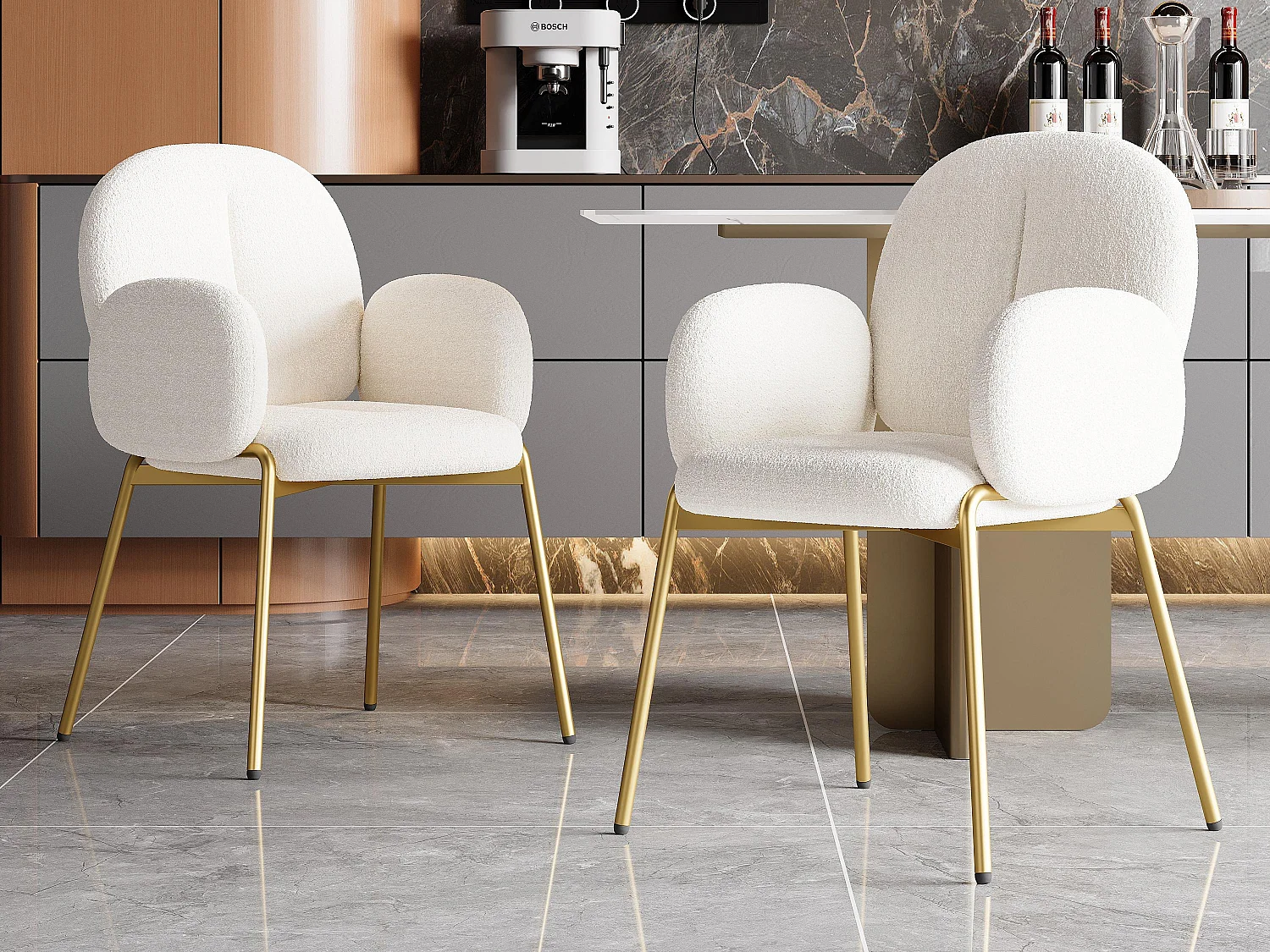 Set di 2 Sedie in peluche - gambe in metallo dorato - sedia da trucco - sedia da pranzo - Beige