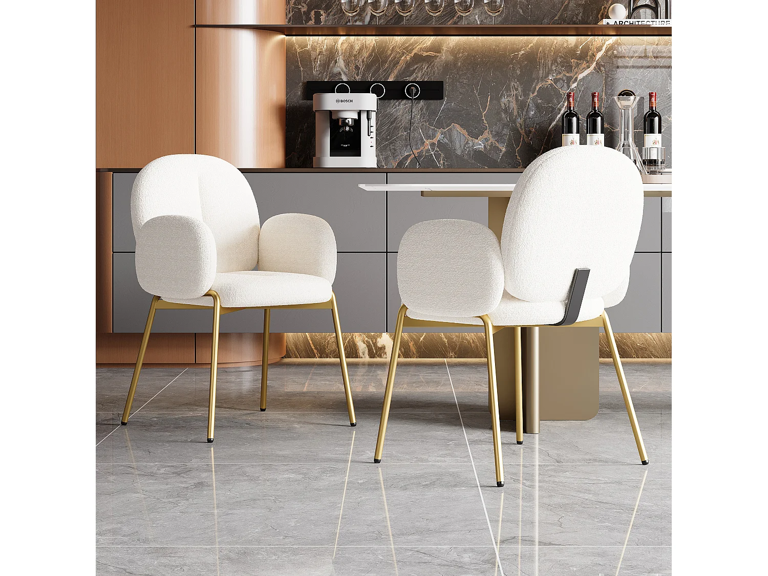 Set di 2 Sedie in peluche - gambe in metallo dorato - sedia da trucco - sedia da pranzo - Beige