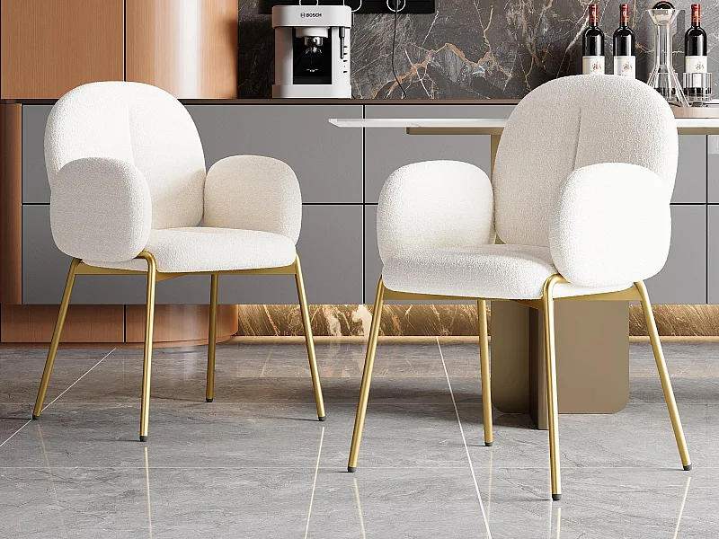 Lot de 2 Chaises en teddy - pieds en métal doré - chaise de coiffeuse - chaise de salle à manger - Beige