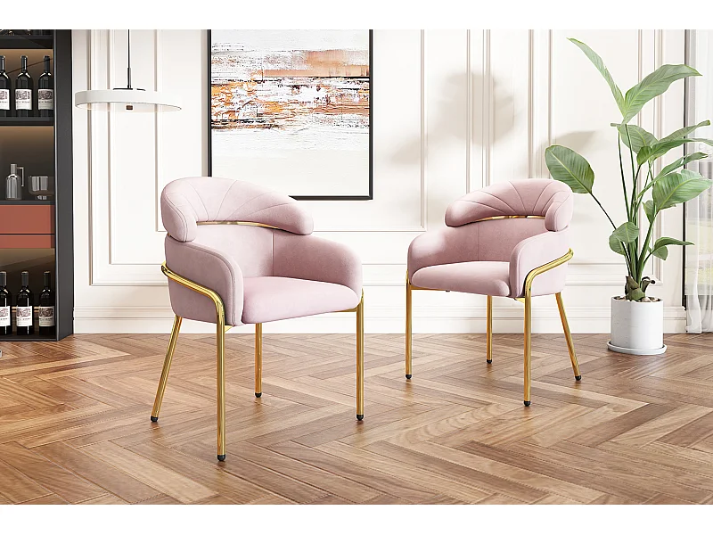 Set van 2 roze fluwelen stoelen - Metalen poten - Voor woonkamer, slaapkamer, eetkamer