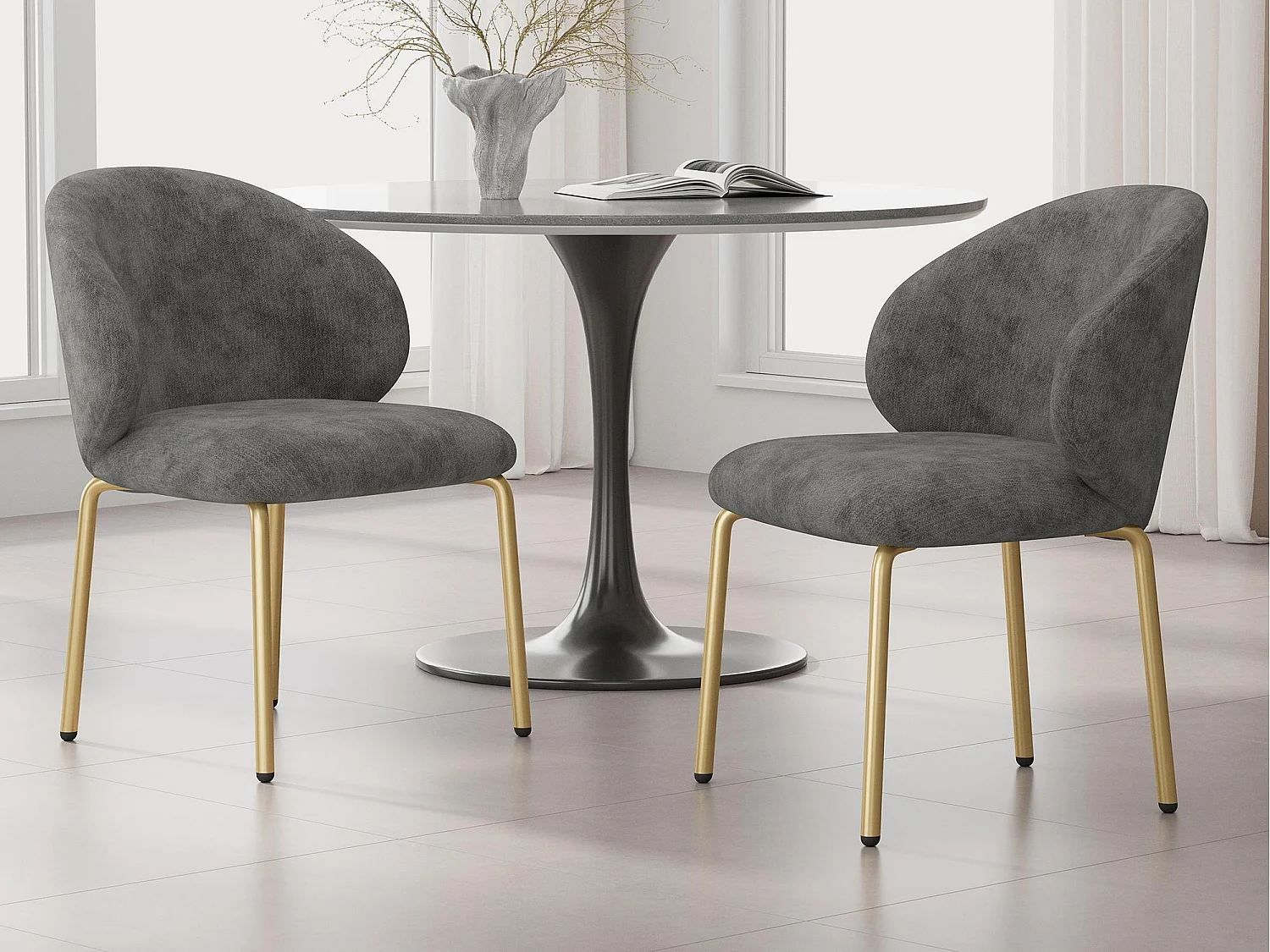 Lot de 2 Chaises en tissu chenille - pieds en métal doré - chaise de coiffeuse - chaise de salle à manger - Gris