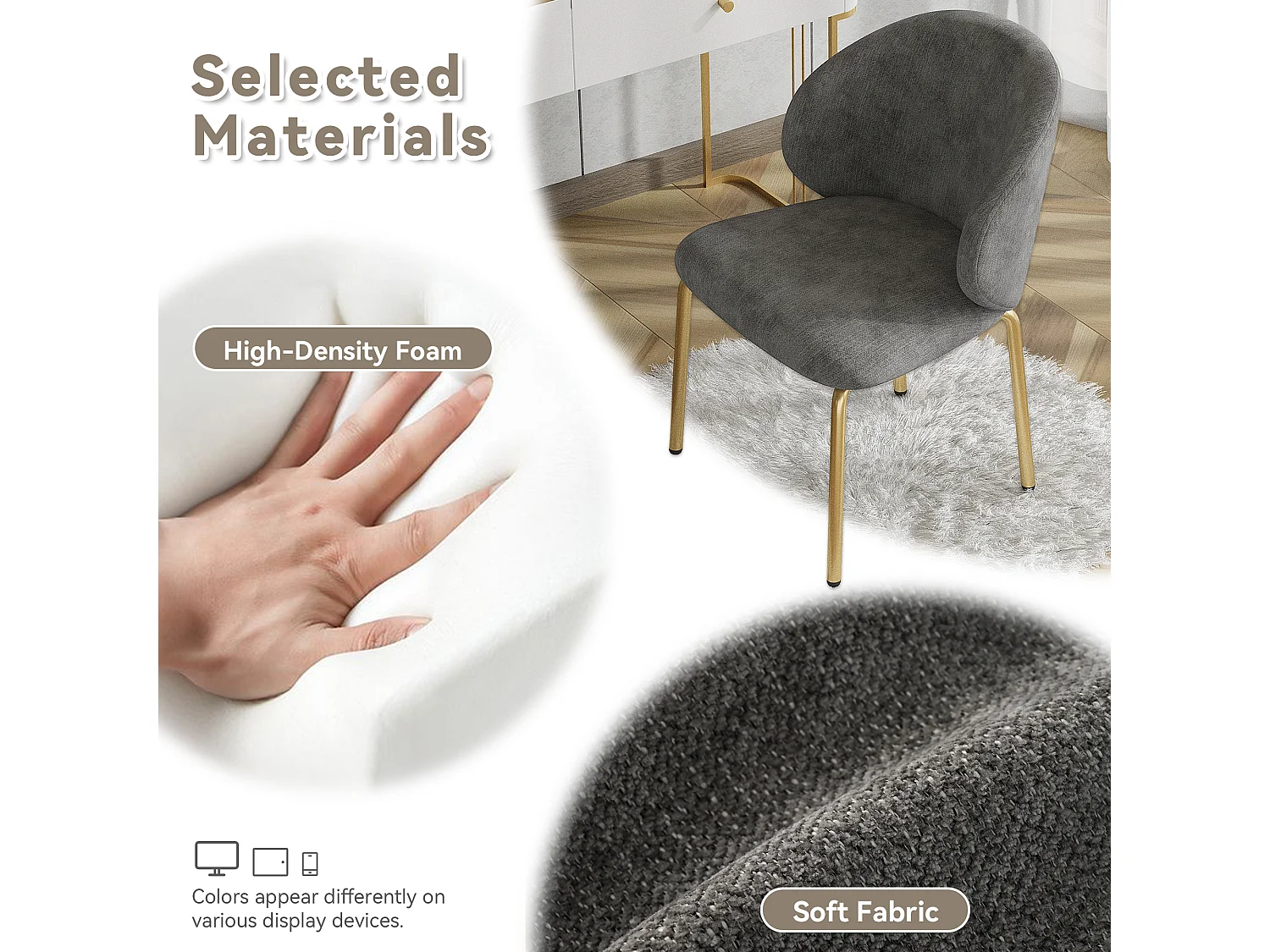 Lot de 2 Chaises en tissu chenille - pieds en métal doré - chaise de coiffeuse - chaise de salle à manger - Gris