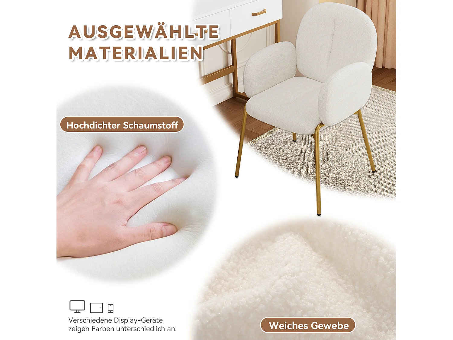 Chaise de salle à manger - 55 x 64.5 x 88 cm - chaise de coiffeuse - pieds dorés - velours - beige