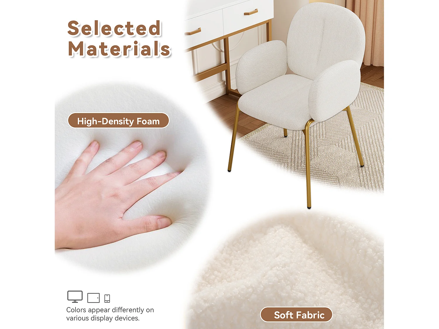 Chaise de salle à manger - 55 x 64.5 x 88 cm - chaise de coiffeuse - pieds dorés - velours - beige