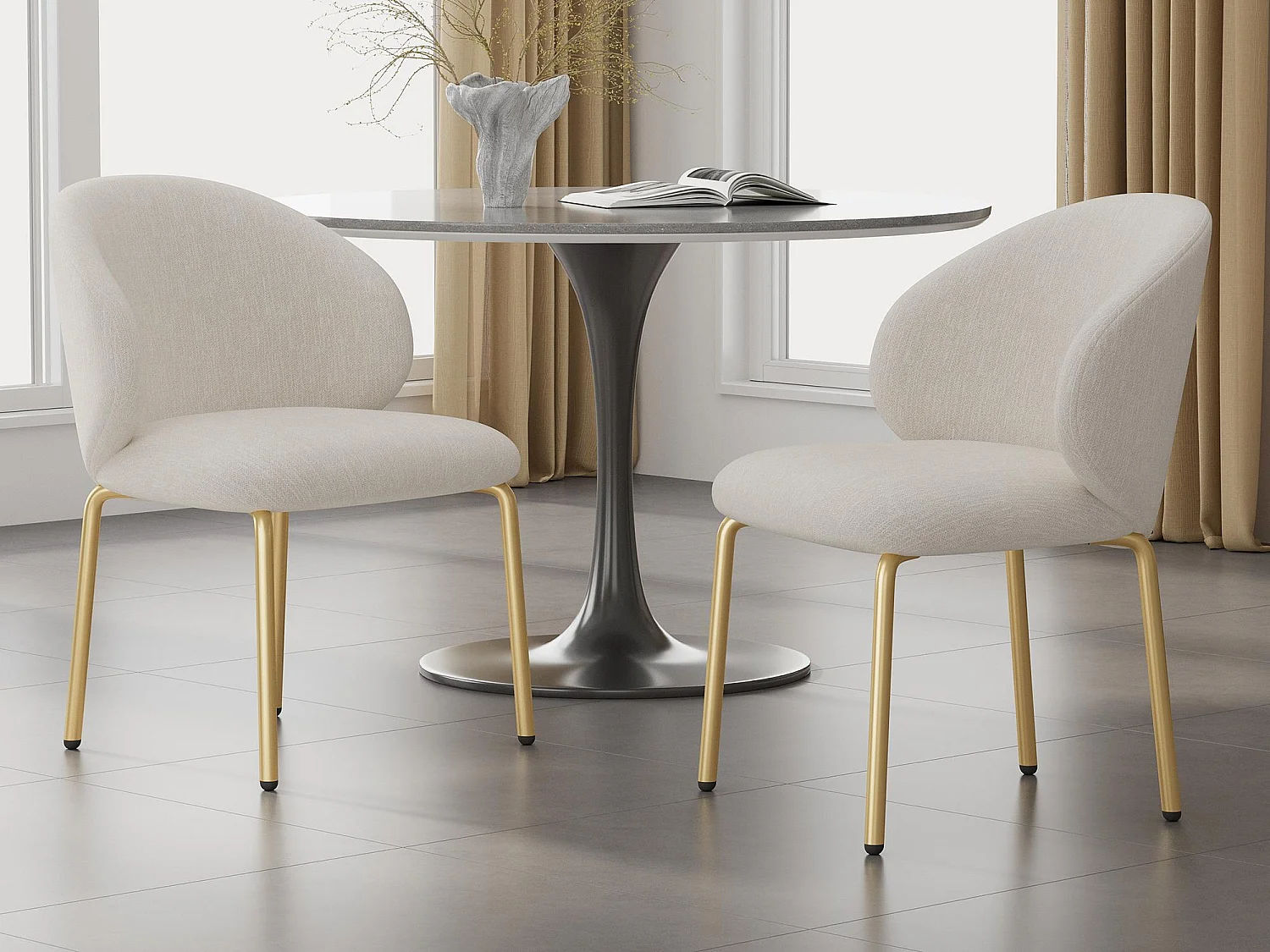 Lot de 2 Chaises en tissu chenille - pieds en métal doré - chaise de coiffeuse - chaise de salle à manger - Beige