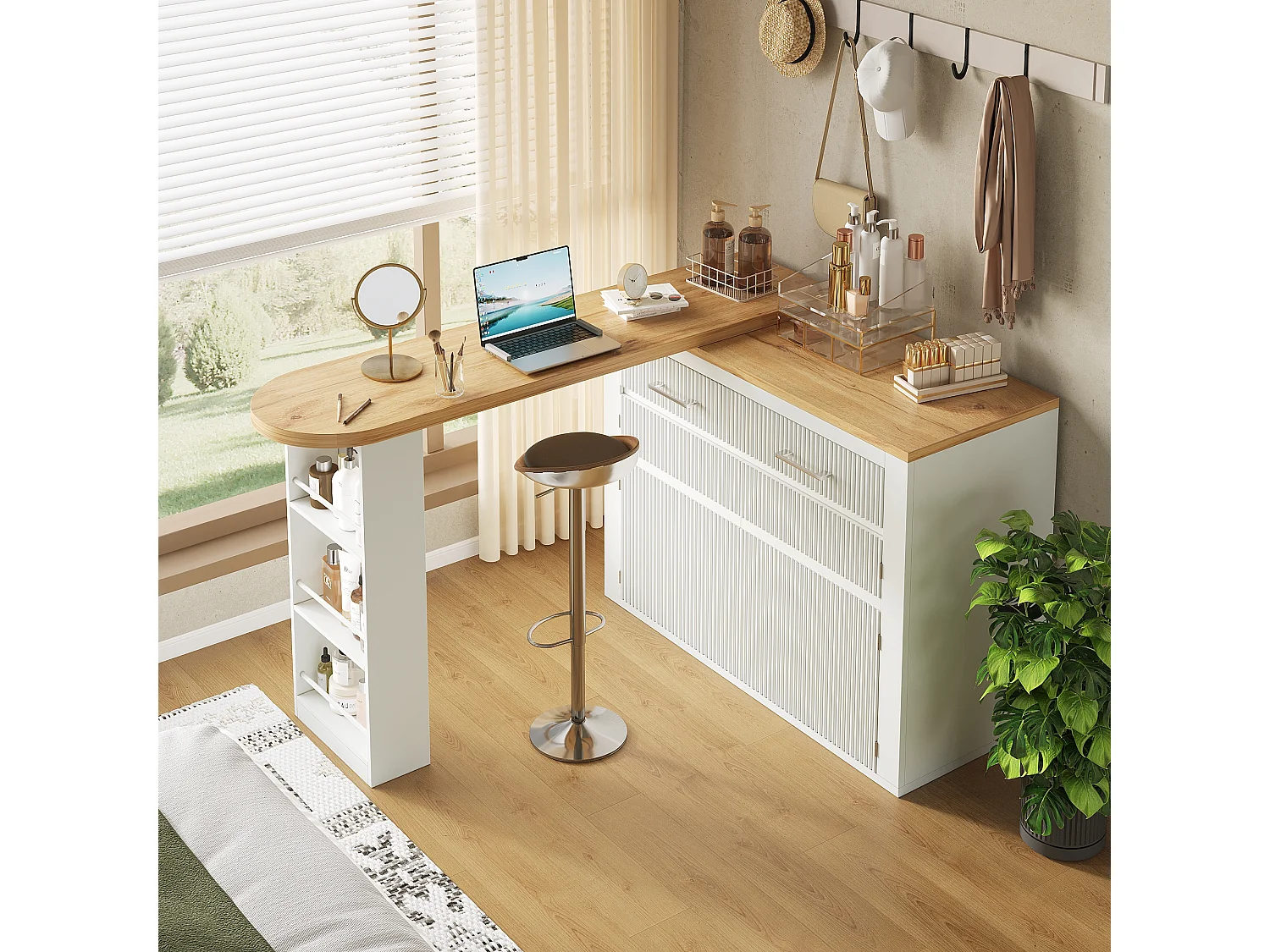 Meuble de bar extensible avec 2 tiroirs et 2 portes - Plateau extensible avec roulettes - Blanc et bois
