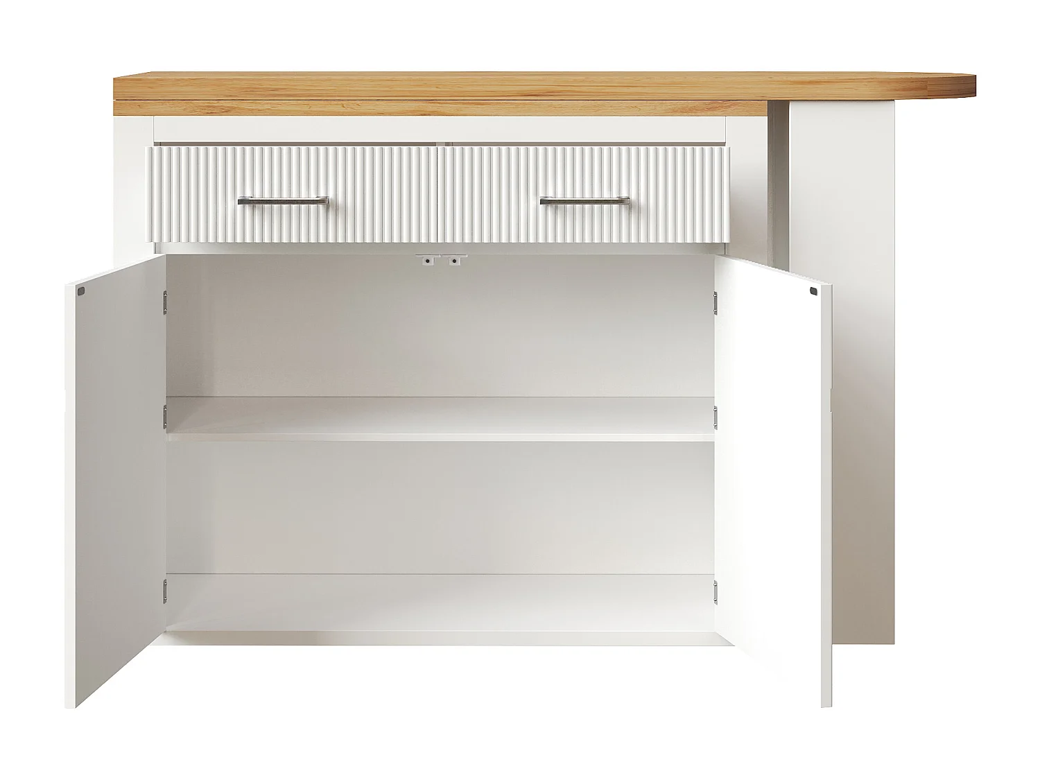 Meuble de bar extensible avec 2 tiroirs et 2 portes - Plateau extensible avec roulettes - Blanc et bois