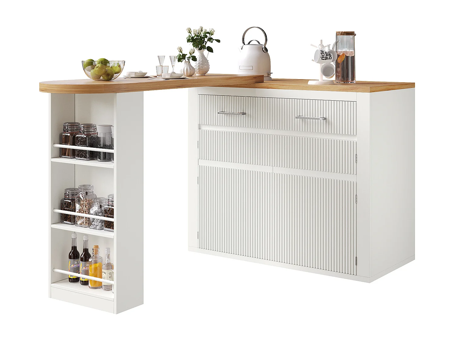 Meuble de bar extensible avec 2 tiroirs et 2 portes - Plateau extensible avec roulettes - Blanc et bois