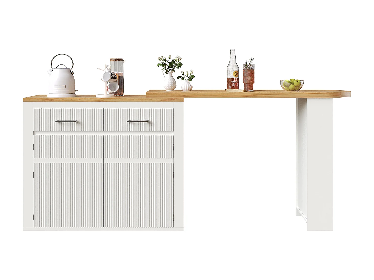 Meuble de bar extensible avec 2 tiroirs et 2 portes - Plateau extensible avec roulettes - Blanc et bois
