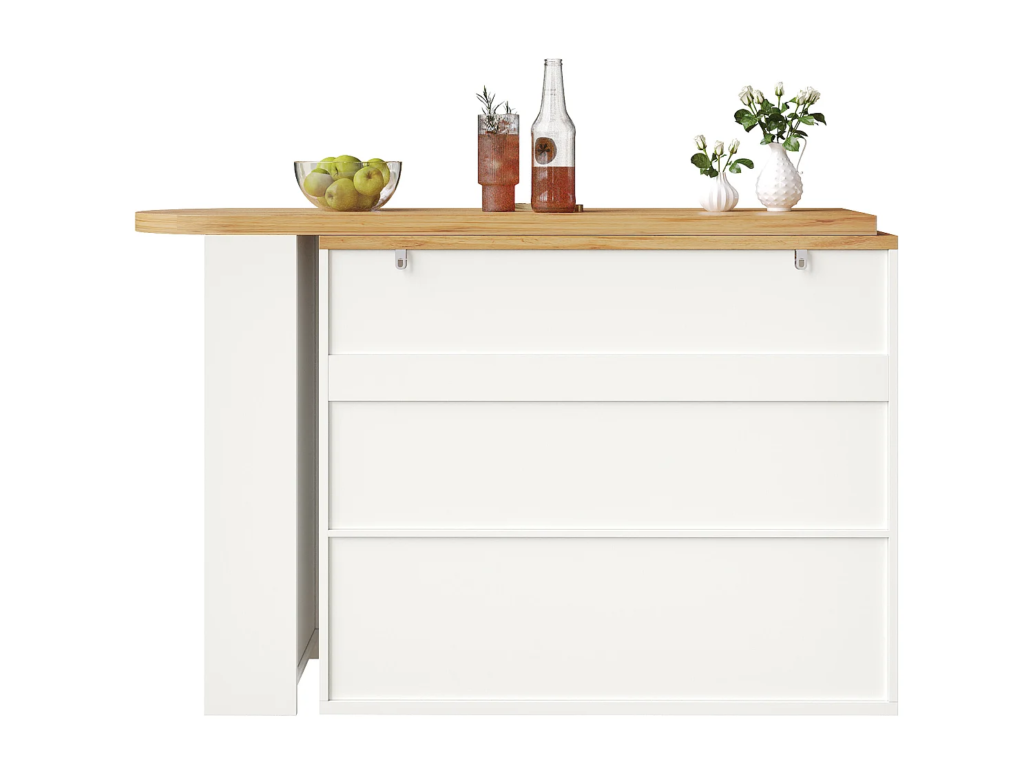 Meuble de bar extensible avec 2 tiroirs et 2 portes - Plateau extensible avec roulettes - Blanc et bois