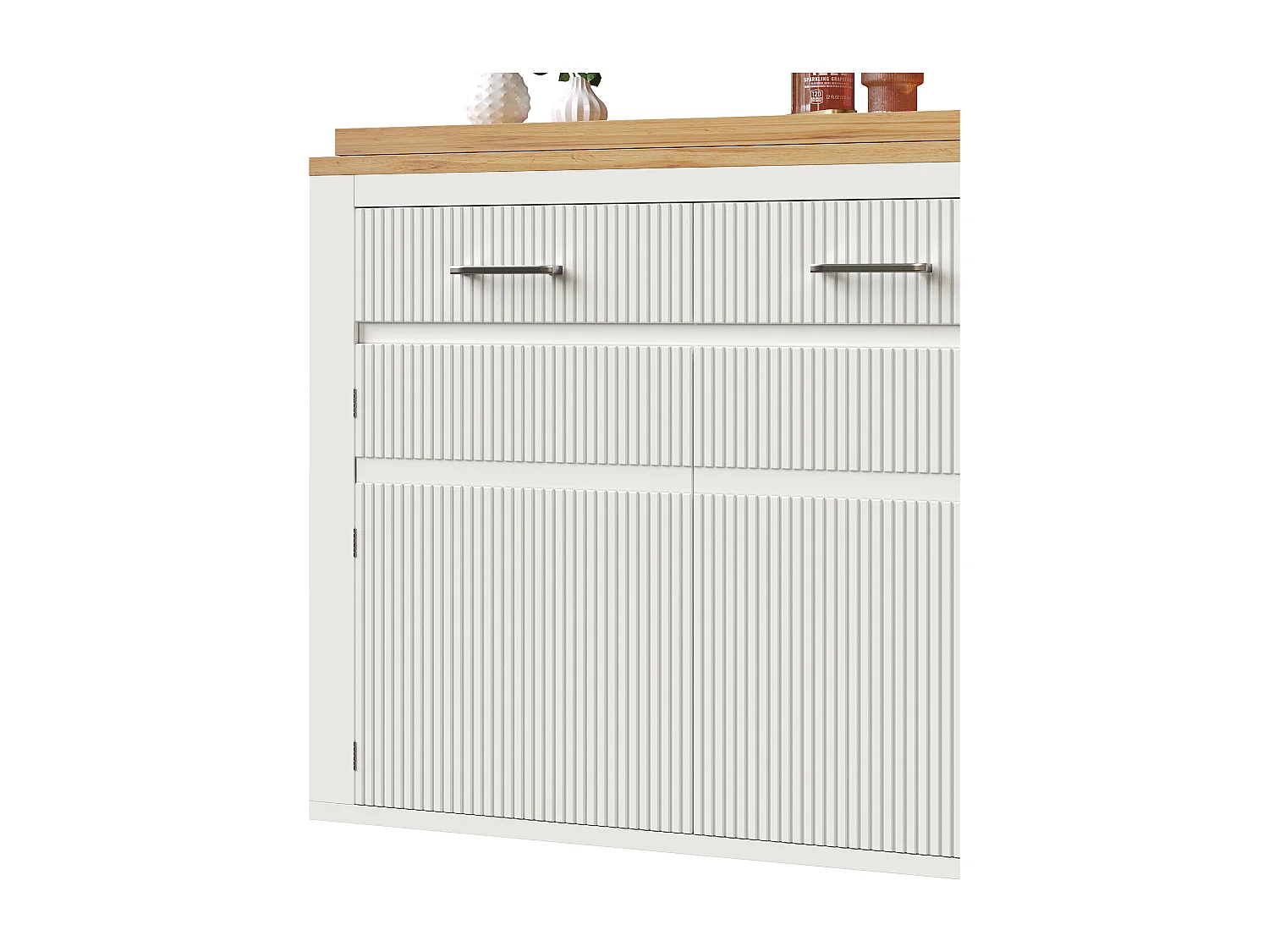 Meuble de bar extensible avec 2 tiroirs et 2 portes - Plateau extensible avec roulettes - Blanc et bois
