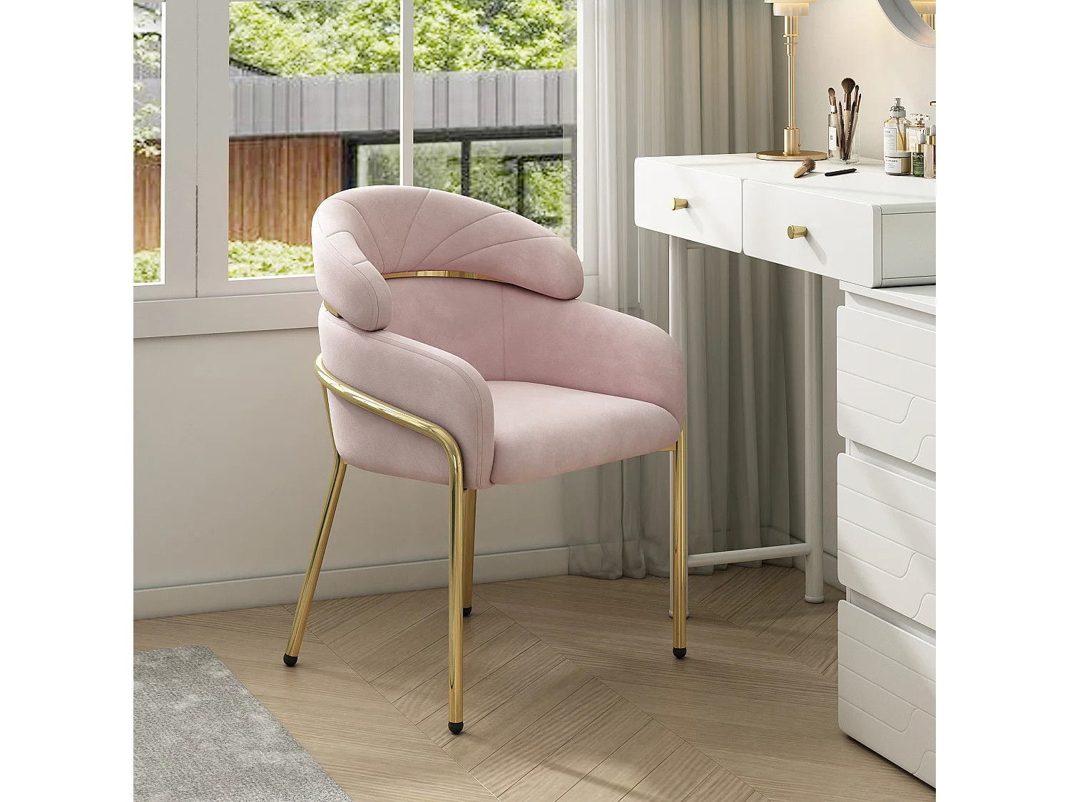 Set van 4 fluwelen kaptafelstoelen - 56,9 x 54,5 x 79 cm - voor woonkamer en slaapkamer - 4 metalen poten - roze