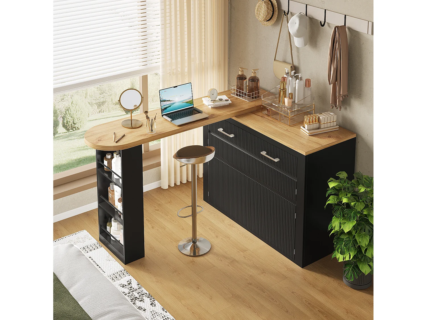 Meuble de bar extensible avec 2 tiroirs et 2 portes - Plateau extensible avec roulettes - Noir et bois