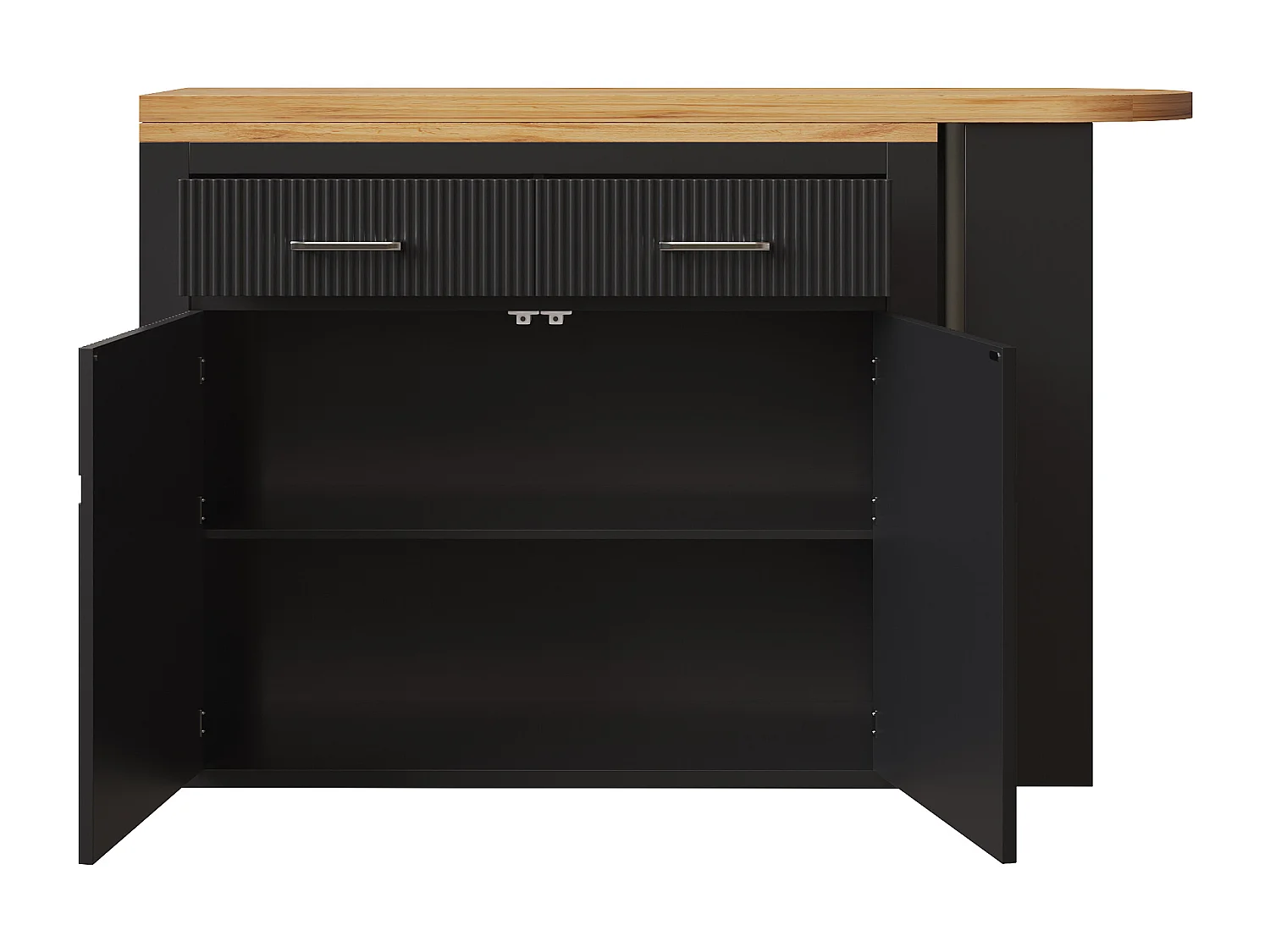 Meuble de bar extensible avec 2 tiroirs et 2 portes - Plateau extensible avec roulettes - Noir et bois