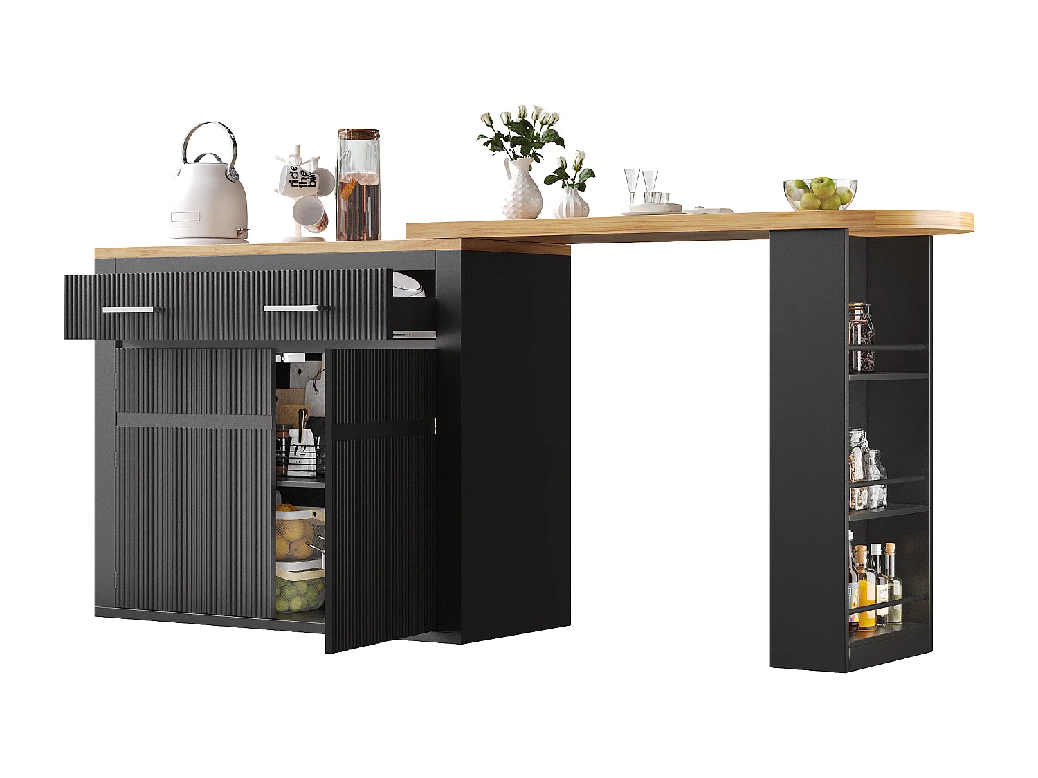 Meuble de bar extensible avec 2 tiroirs et 2 portes - Plateau extensible avec roulettes - Noir et bois