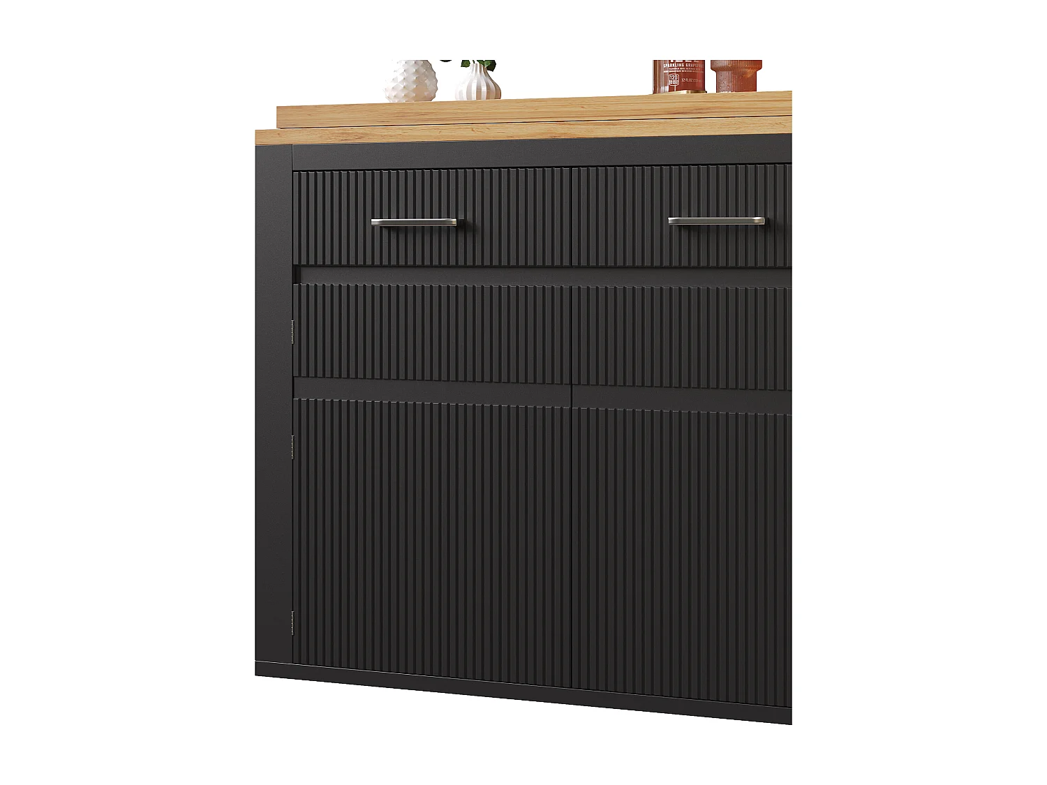 Meuble de bar extensible avec 2 tiroirs et 2 portes - Plateau extensible avec roulettes - Noir et bois