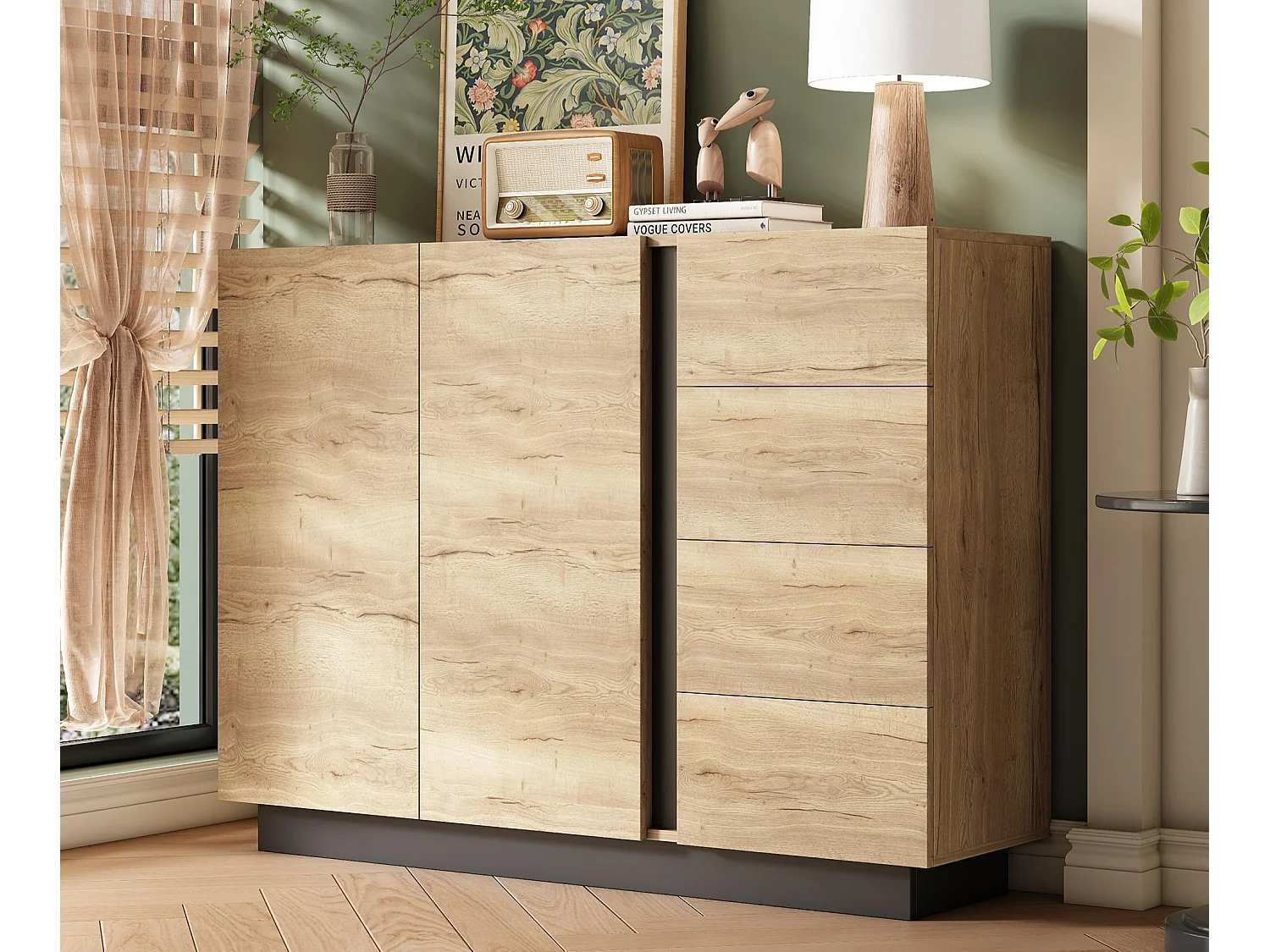 Buffet moderne 110x35.5x90.5cm - avec 4 tiroirs et 2 portes - style rétro - avec des étagères réglables - naturel