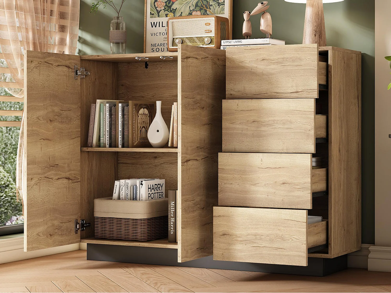 Buffet moderne 110x35.5x90.5cm - avec 4 tiroirs et 2 portes - style rétro - avec des étagères réglables - naturel