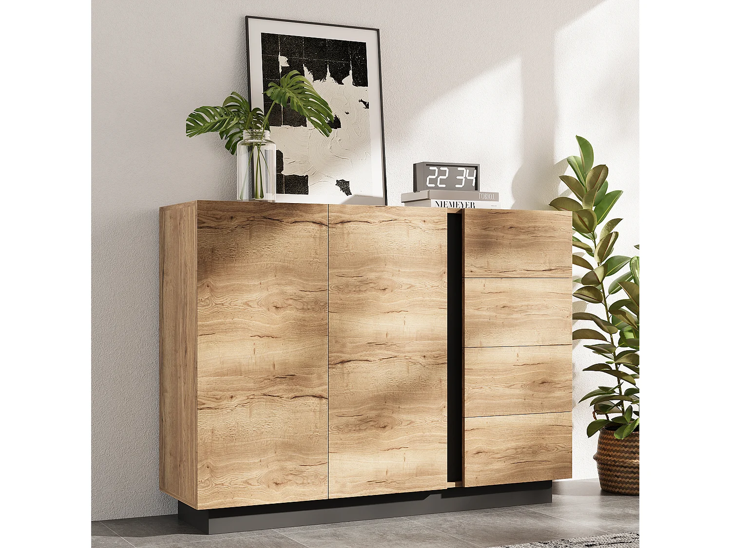 Buffet moderne 110x35.5x90.5cm - avec 4 tiroirs et 2 portes - style rétro - avec des étagères réglables - naturel
