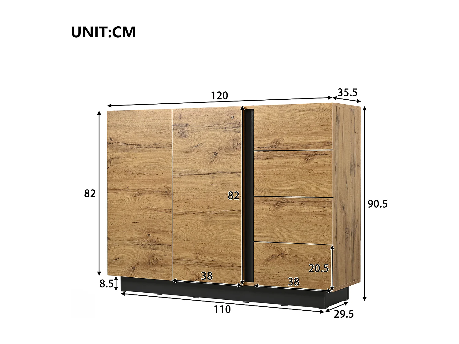Buffet moderne 110x35.5x90.5cm - avec 4 tiroirs et 2 portes - style rétro - avec des étagères réglables - naturel