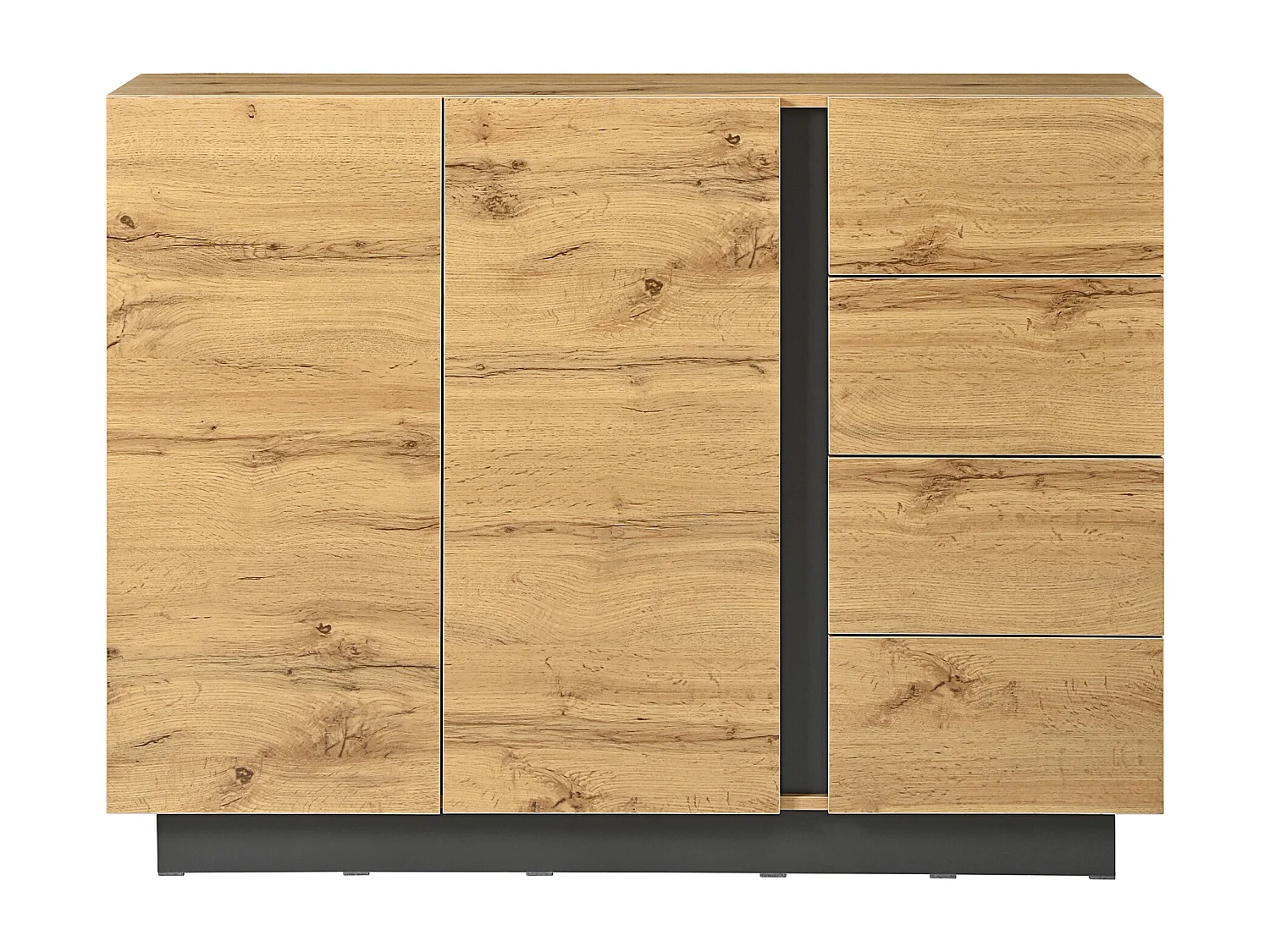 Buffet moderne 110x35.5x90.5cm - avec 4 tiroirs et 2 portes - style rétro - avec des étagères réglables - naturel