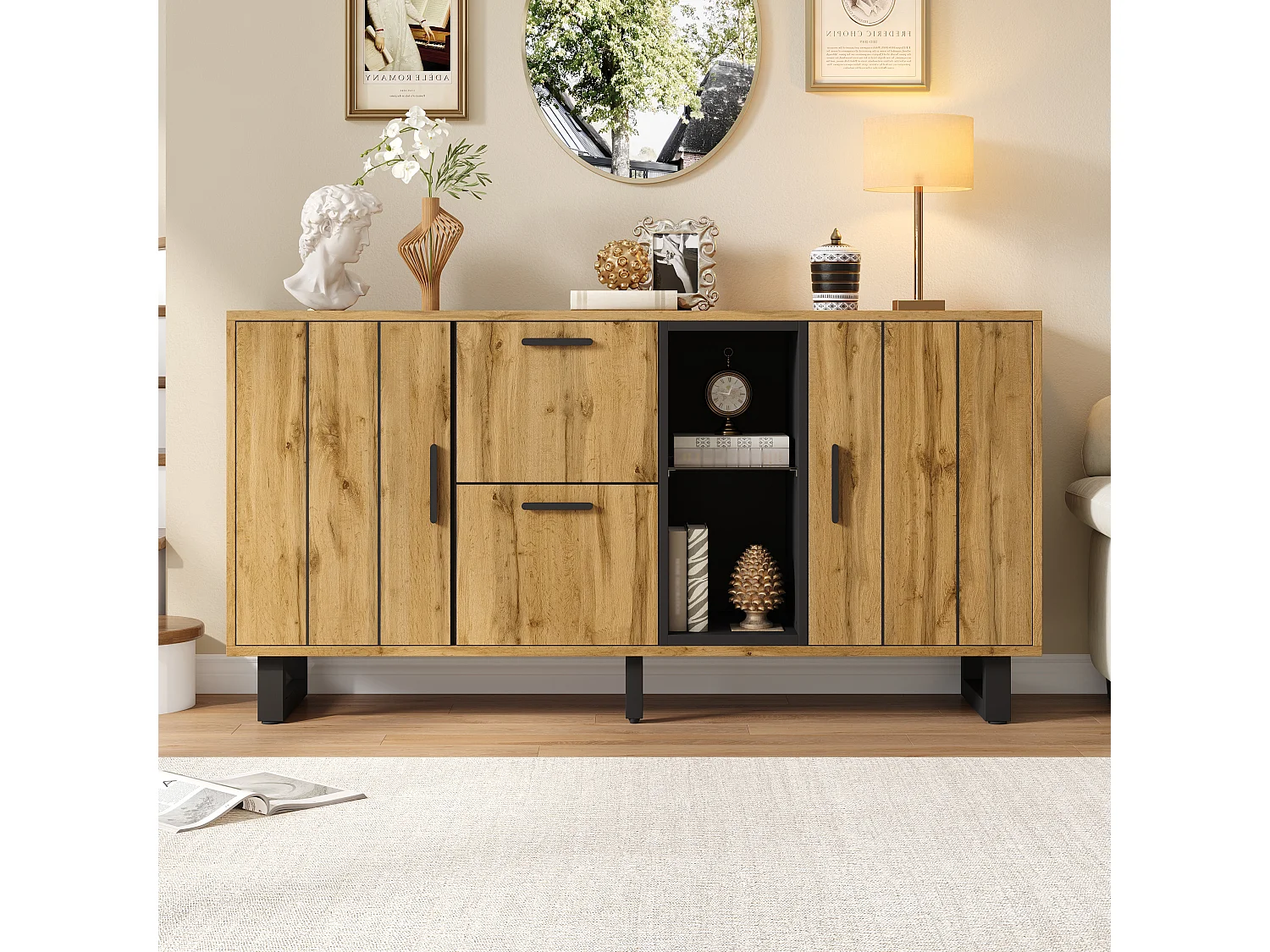 Buffet 160x40x73 cm - 2 portes et 2 tiroirs - Éclairage LED - Étagère en verre - Aspect bois - MDF - Naturel + Noir