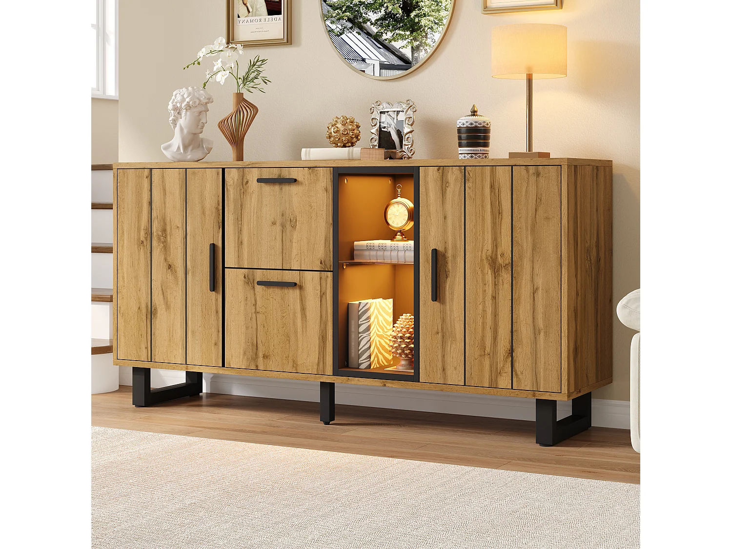 Buffet 160x40x73 cm - 2 portes et 2 tiroirs - Éclairage LED - Étagère en verre - Aspect bois - MDF - Naturel + Noir